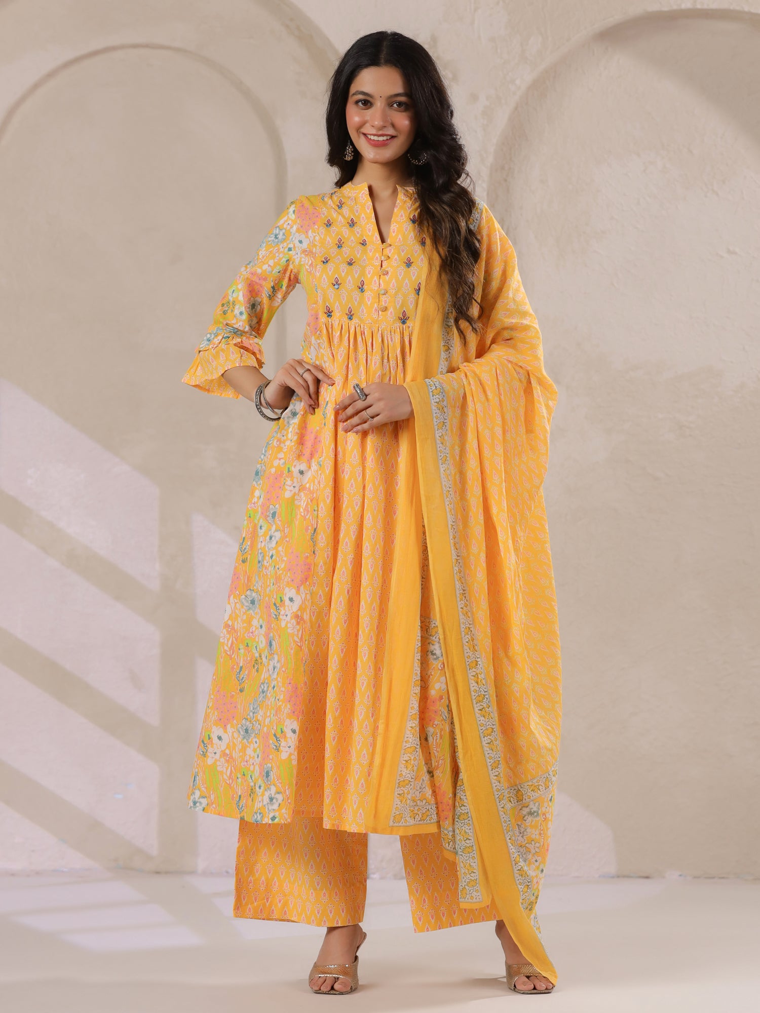 Yellow V-Neck Cotton Kurta with Floral Print and Palazzos for Women