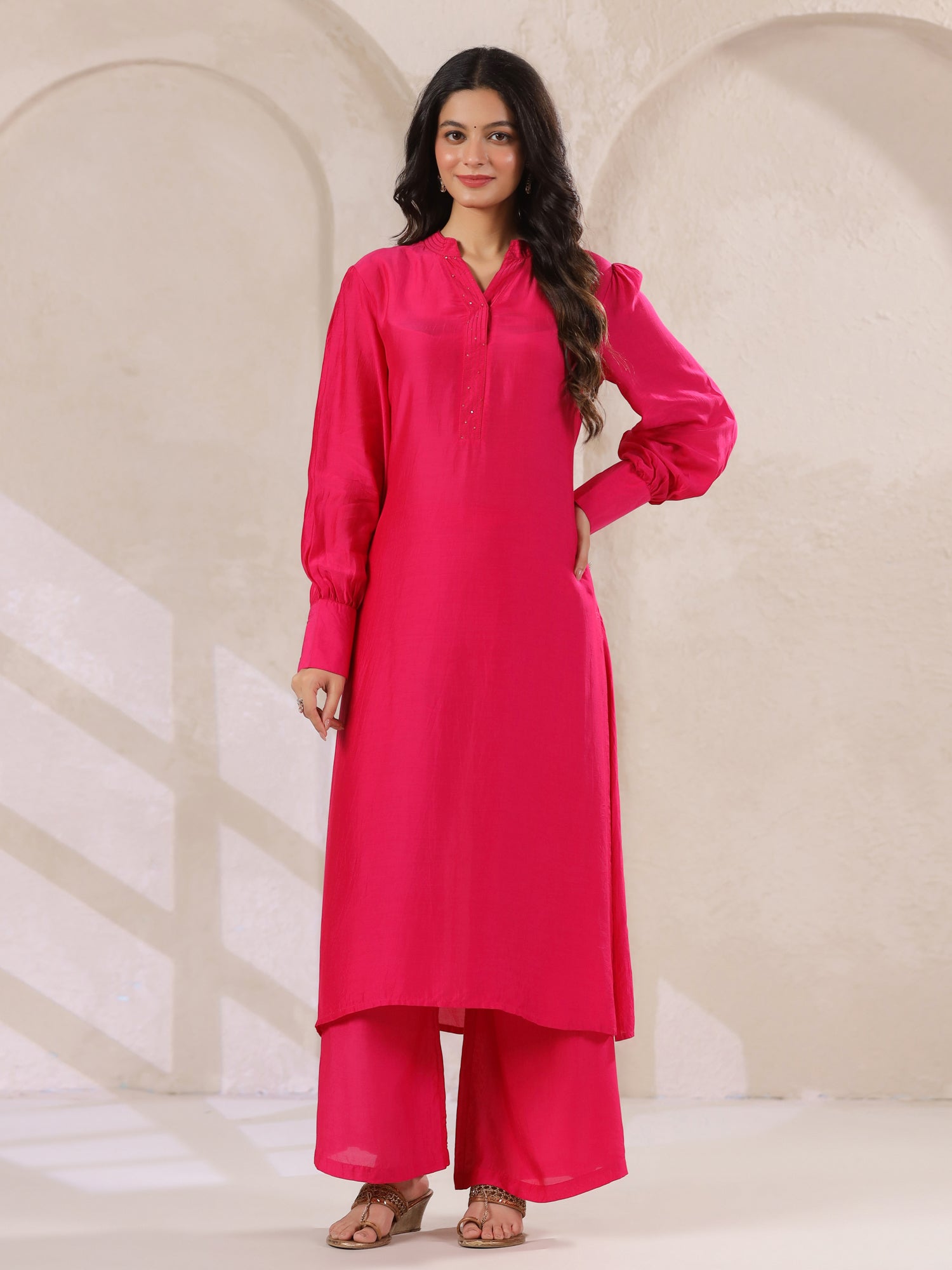 Pink Straight Kurta With Palazzo Pants And Printed Dupatta