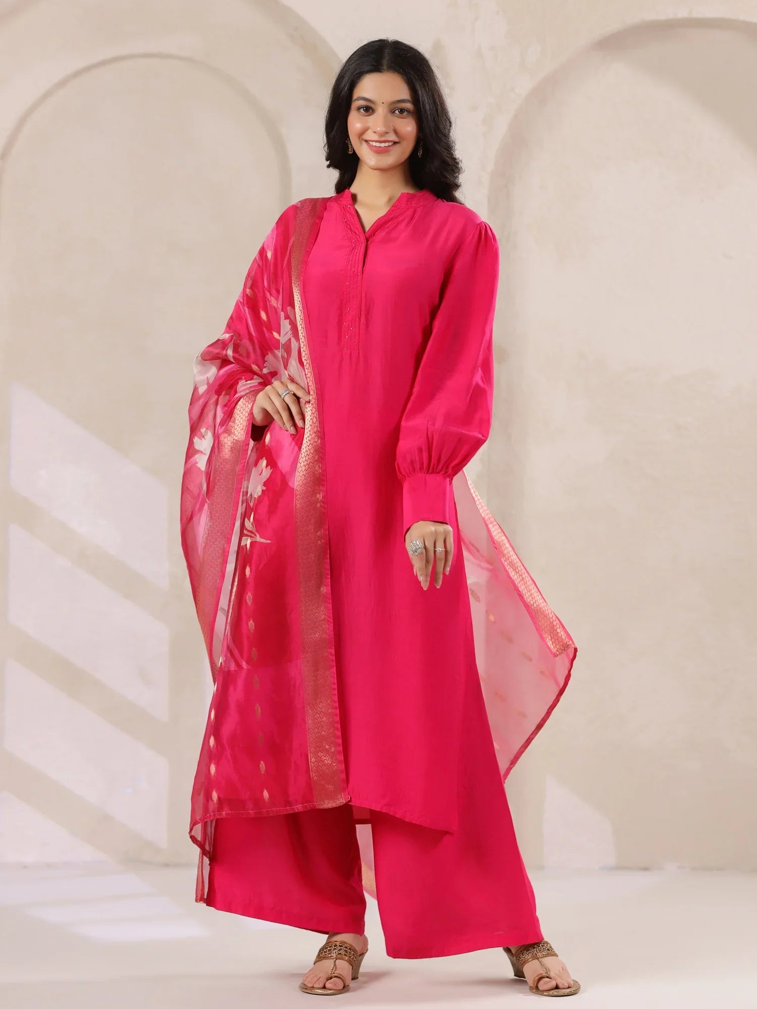 Pink Straight Kurta With Palazzo Pants And Printed Dupatta