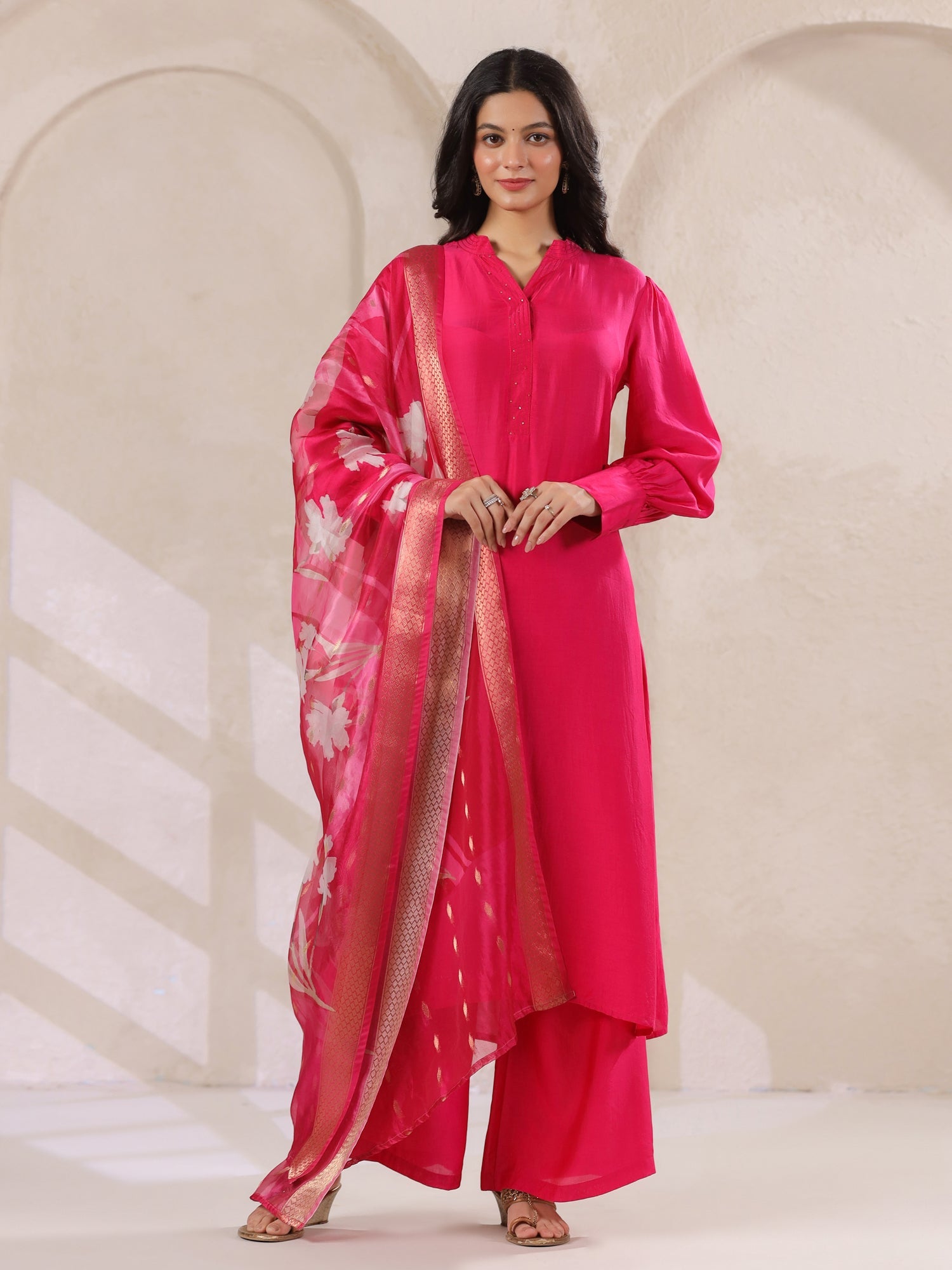 Pink Straight Kurta With Palazzo Pants And Printed Dupatta