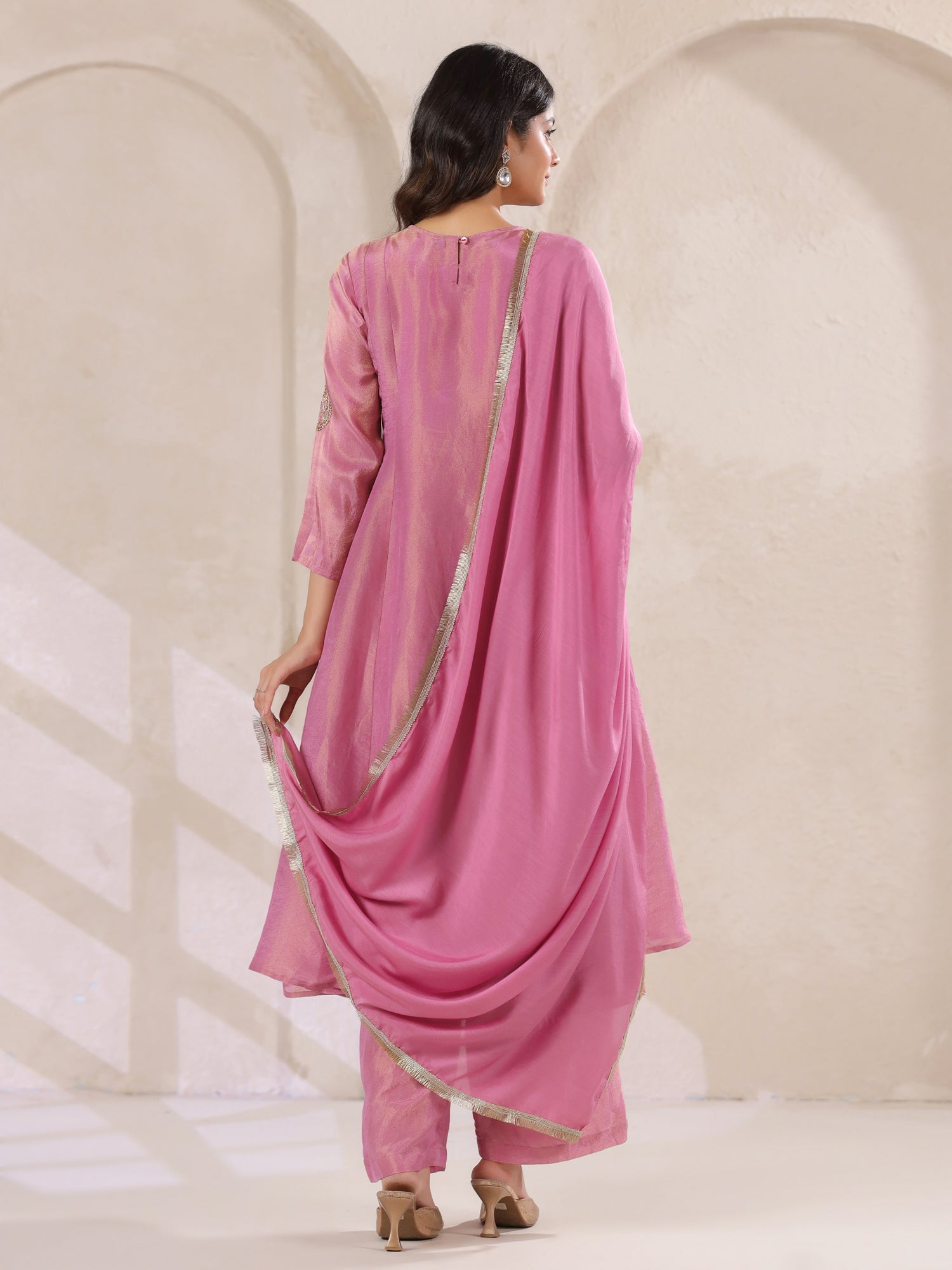 Pink Tissue Round Neck Kurta Set with Embroidered for Women