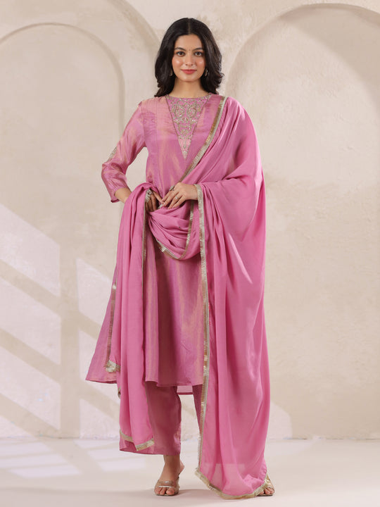 Pink Tissue Round Neck Kurta Set with Embroidered for Women