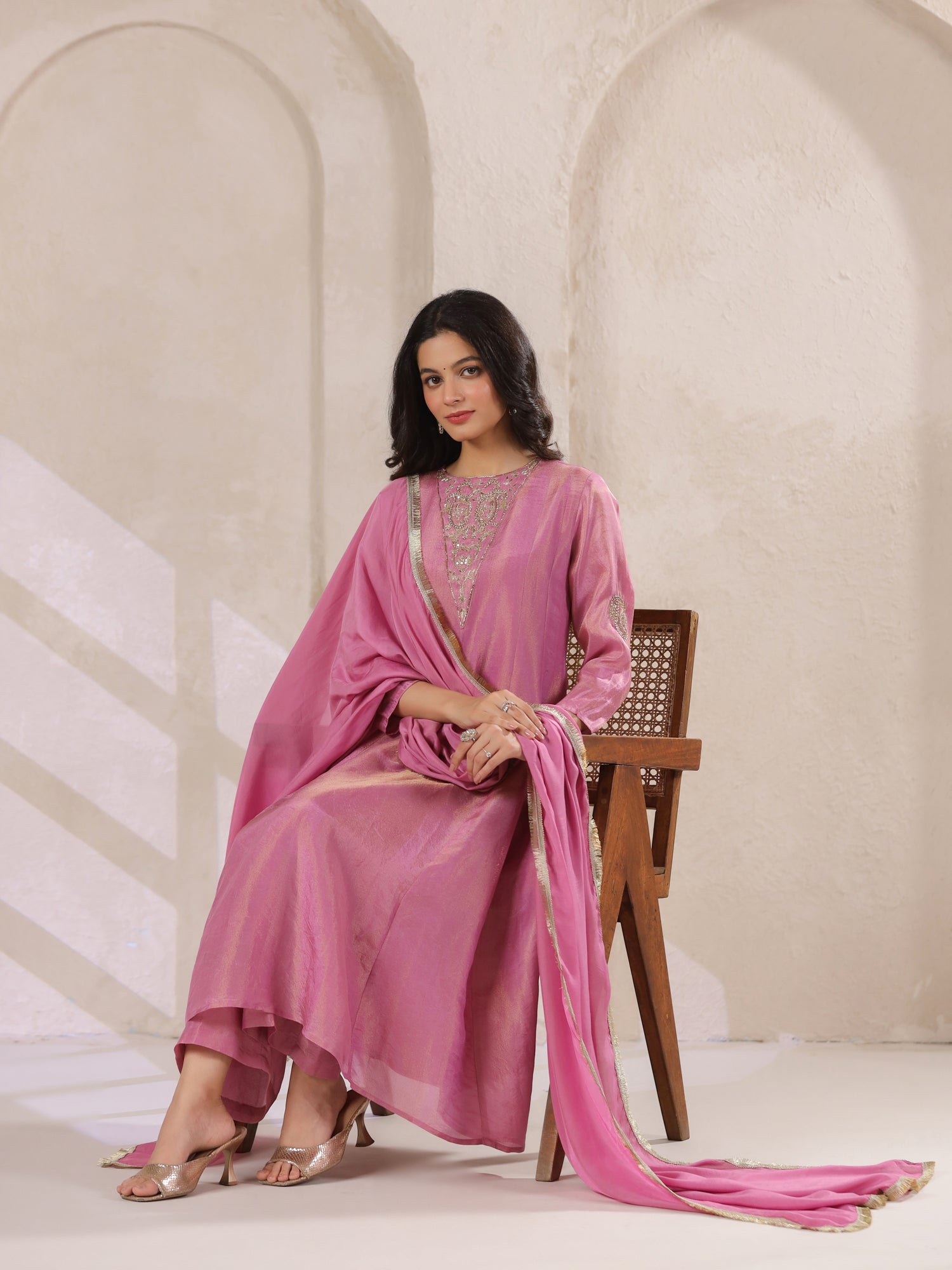 Pink Tissue Round Neck Kurta Set with Embroidered for Women