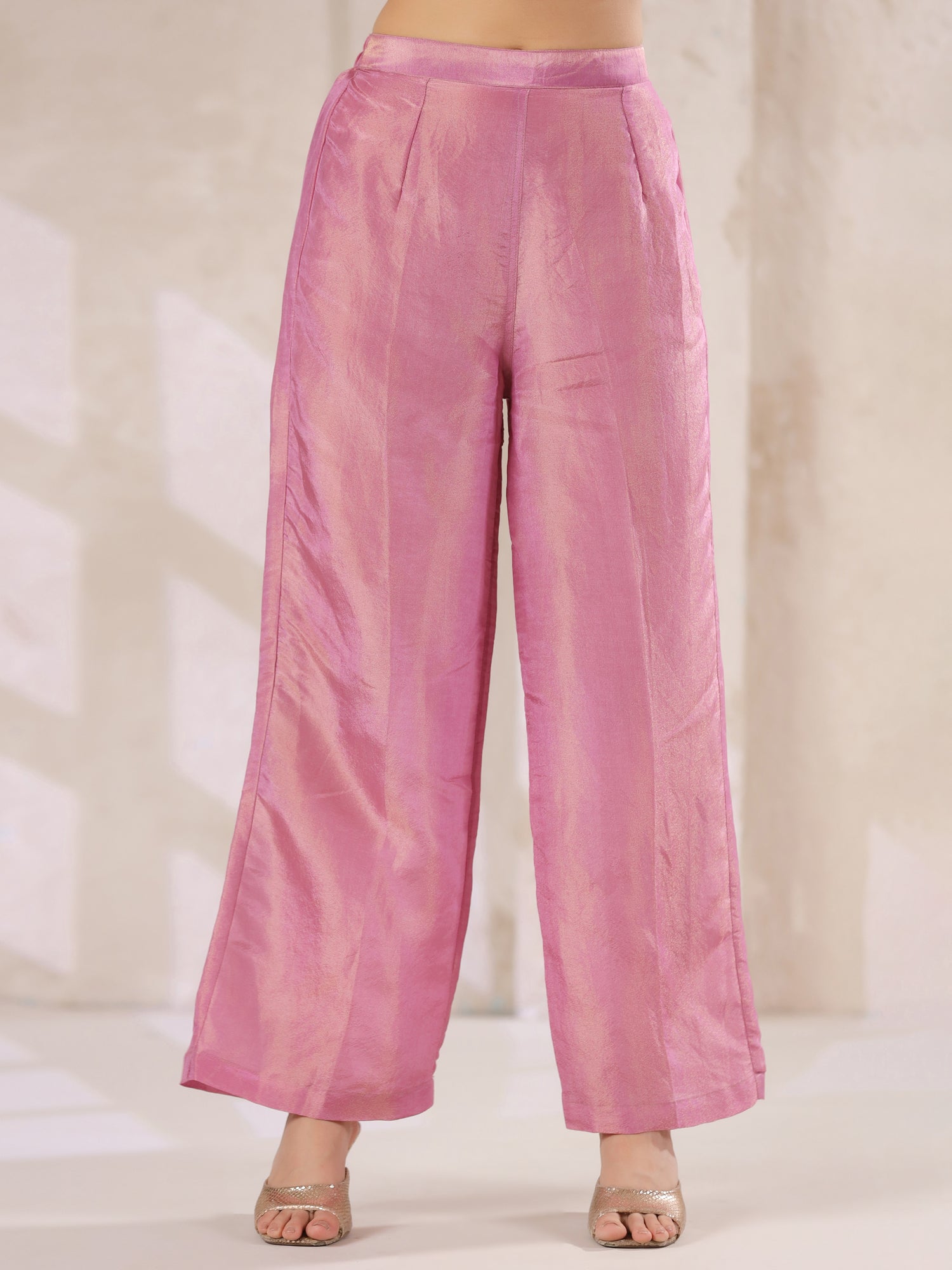 Pink Tissue Round Neck Kurta Set with Embroidered for Women