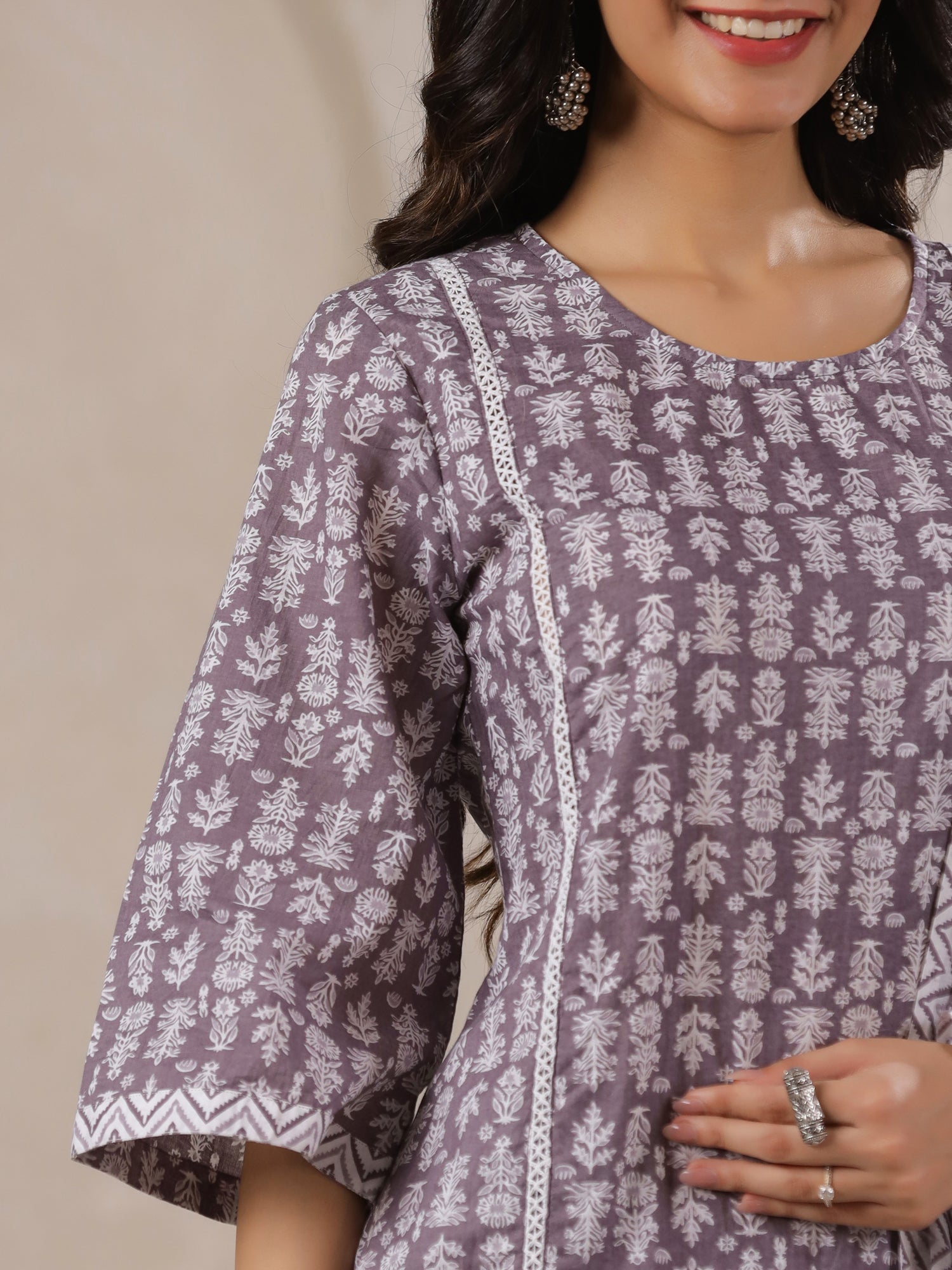 Grey Flower Printed Round Neck Cotton Kurta Set With Dupatta - SanskrutiHomes 