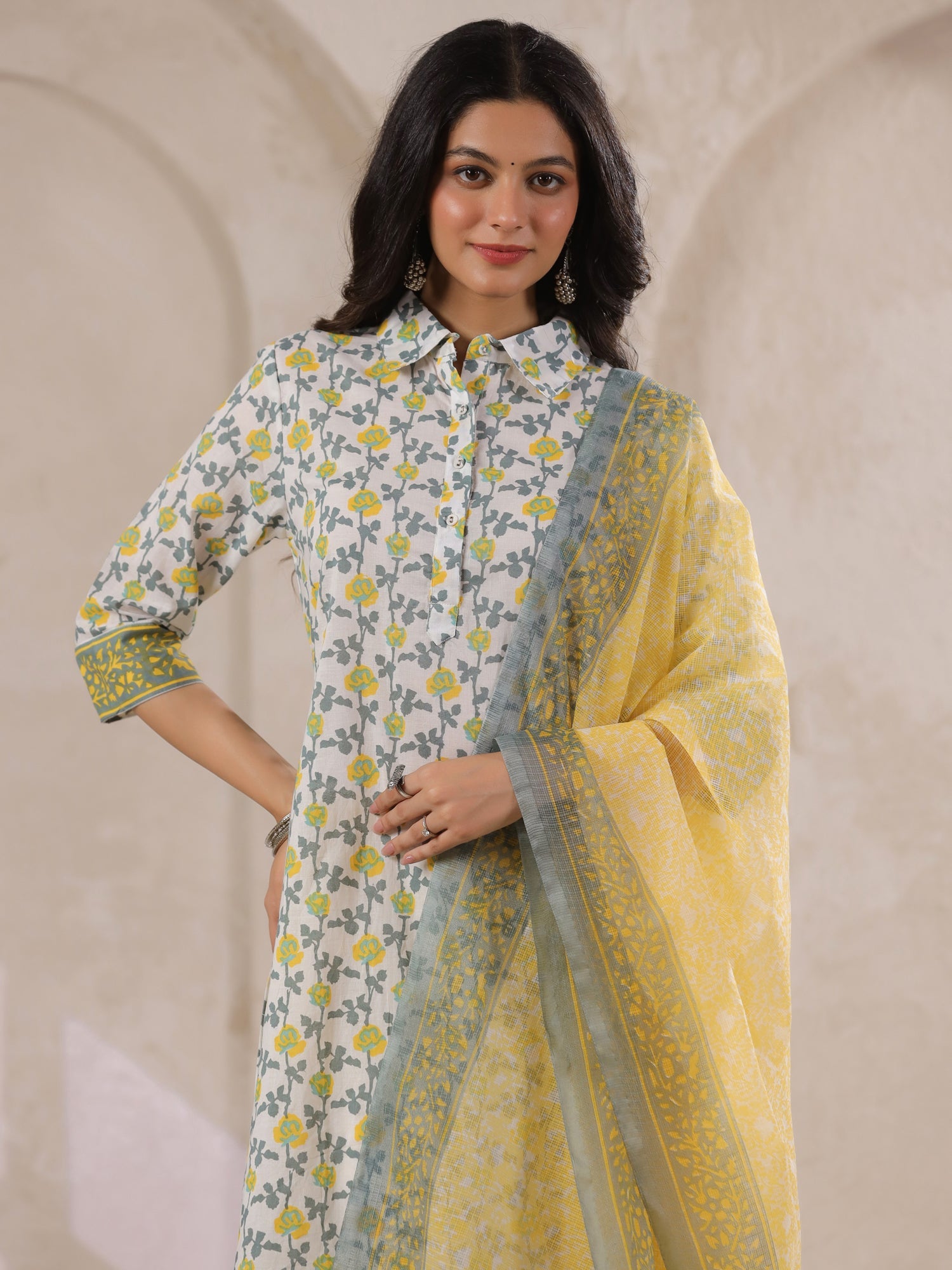 Off White Cotton Kurta Set Yellow Flower Printed With Dupatta - SanskrutiHomes 