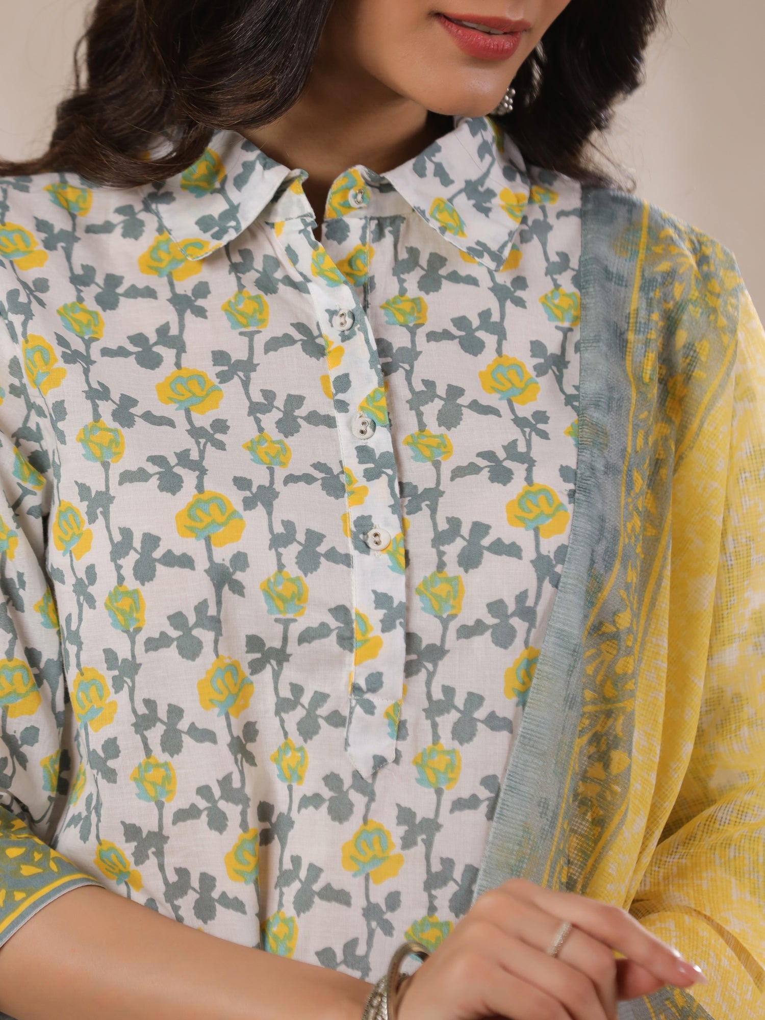 Off White Cotton Kurta Set Yellow Flower Printed With Dupatta - SanskrutiHomes 