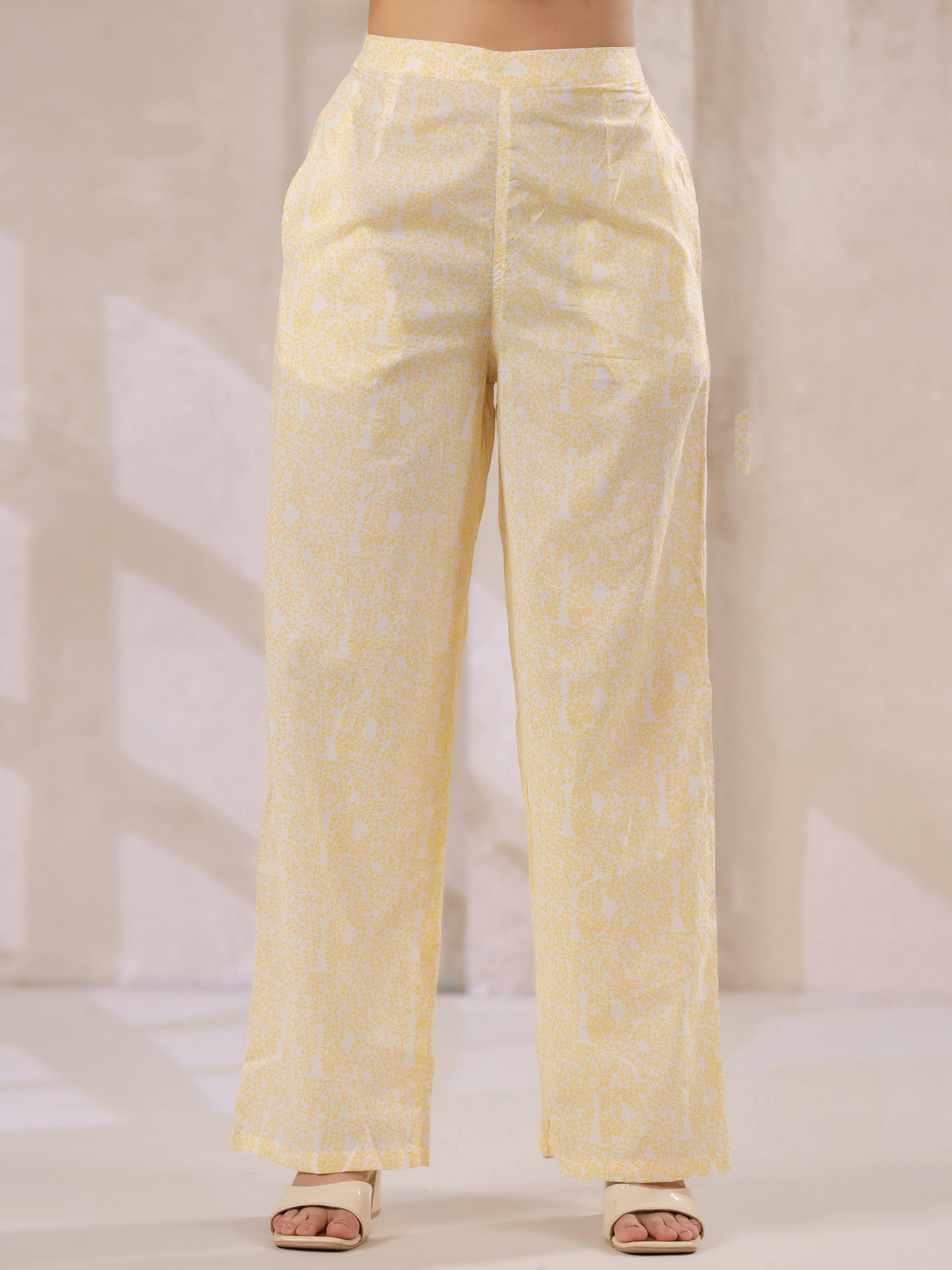 Off White Cotton Kurta Set Yellow Flower Printed With Dupatta - SanskrutiHomes 