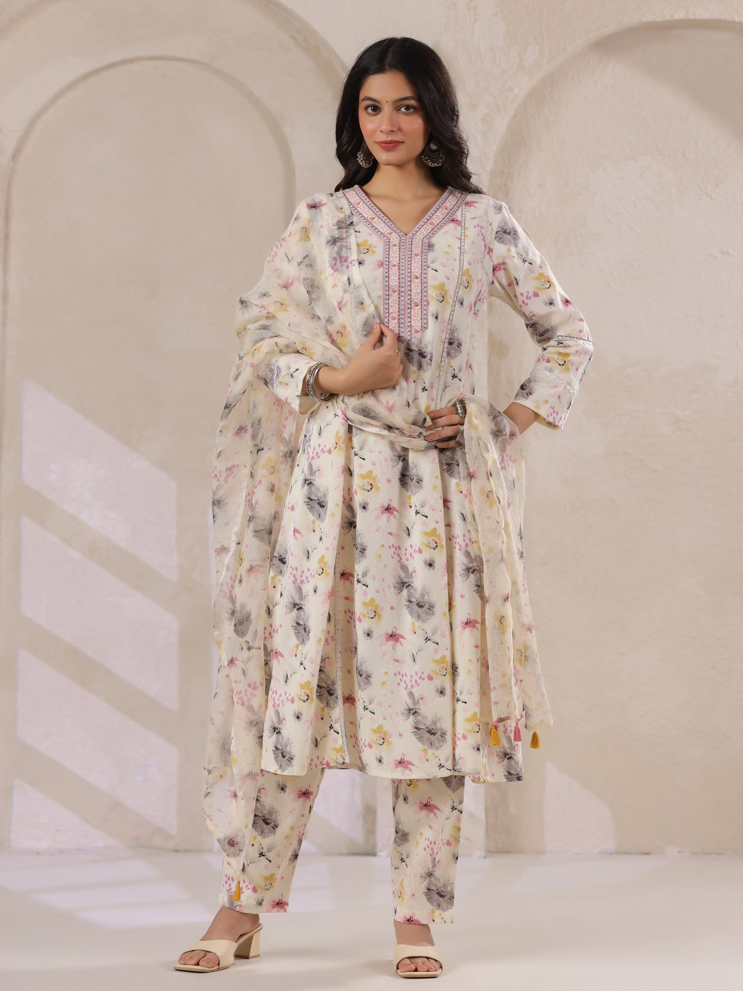 Off-White Cotton Floral Printed Anarkali Kurta with Dupatta Set