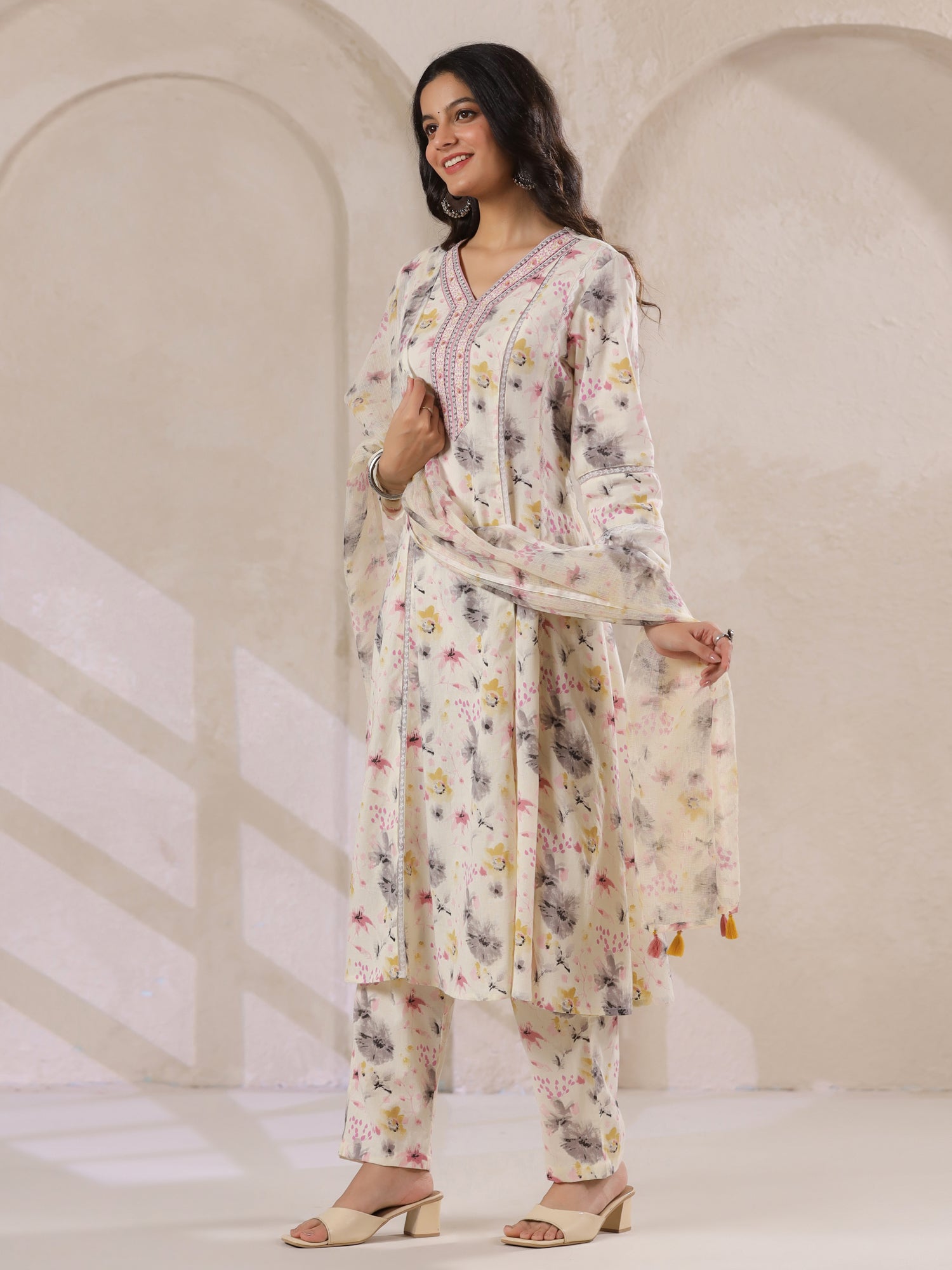 Off-White Cotton Floral Printed Anarkali Kurta with Dupatta Set