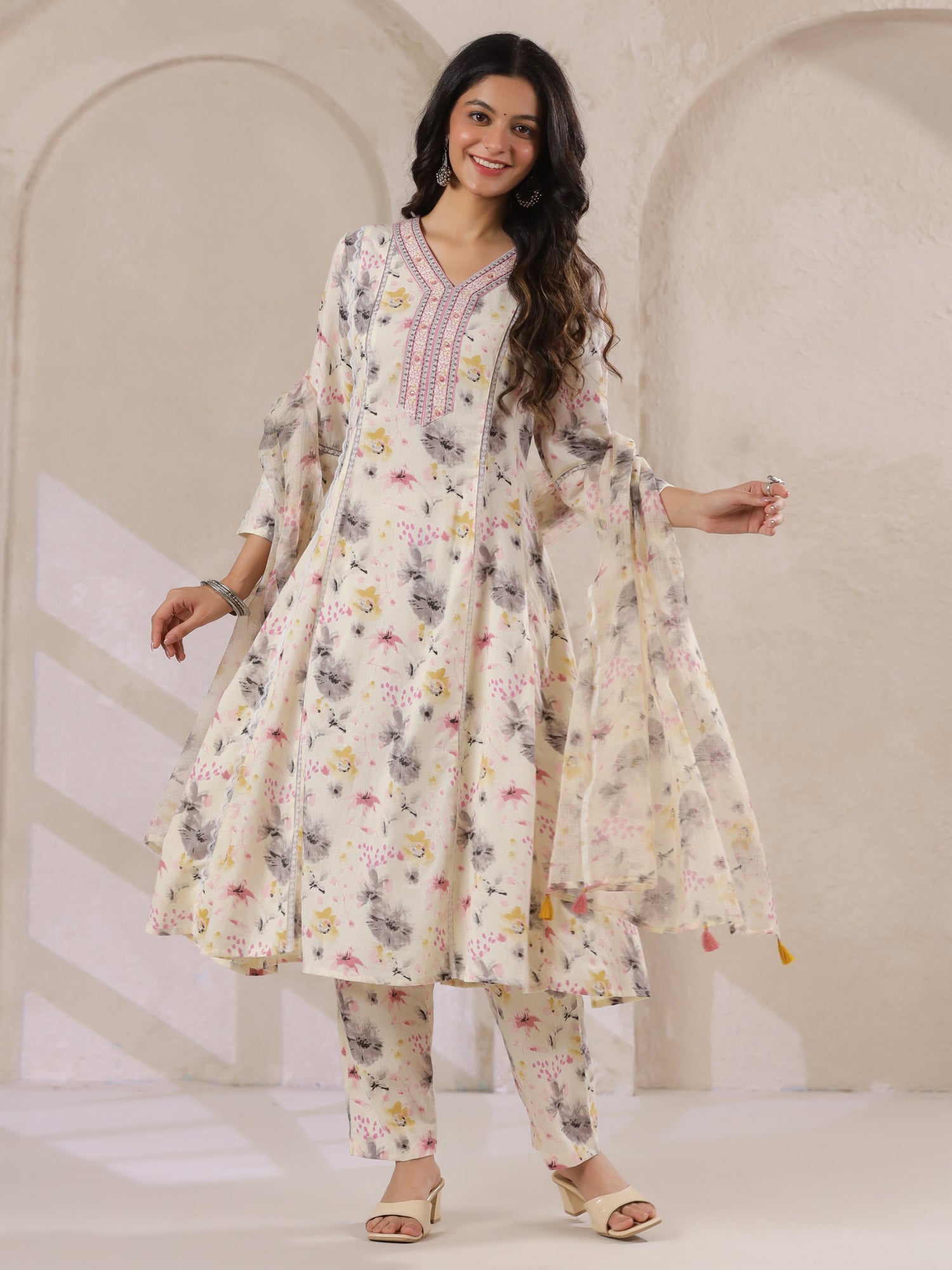 Off-White Cotton Floral Printed Anarkali Kurta with Dupatta Set