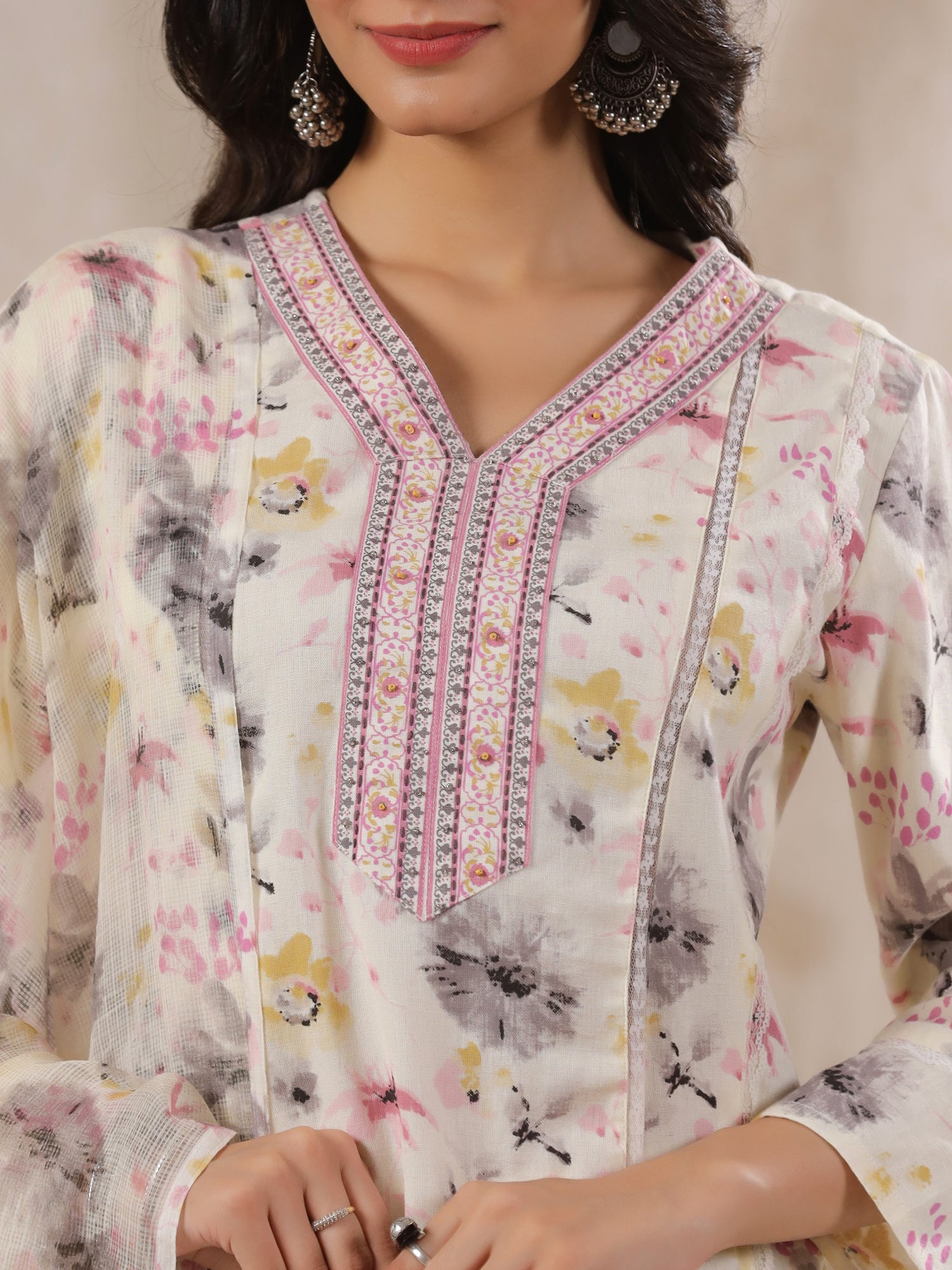 Off-White Cotton Floral Printed Anarkali Kurta with Dupatta Set