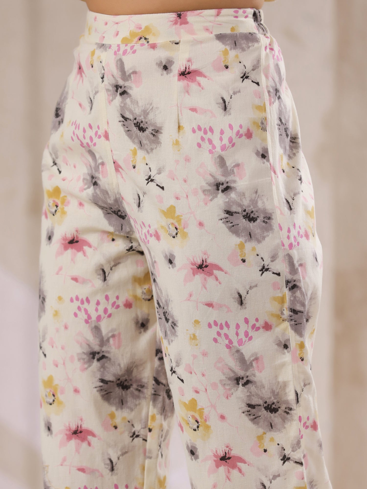 Off-White Cotton Floral Printed Anarkali Kurta with Dupatta Set