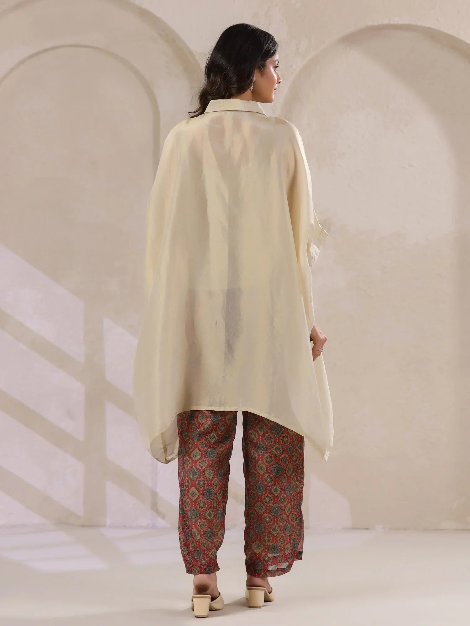 Cream Kaftan Co-Ord Set With Embroidered And Printed Pants
