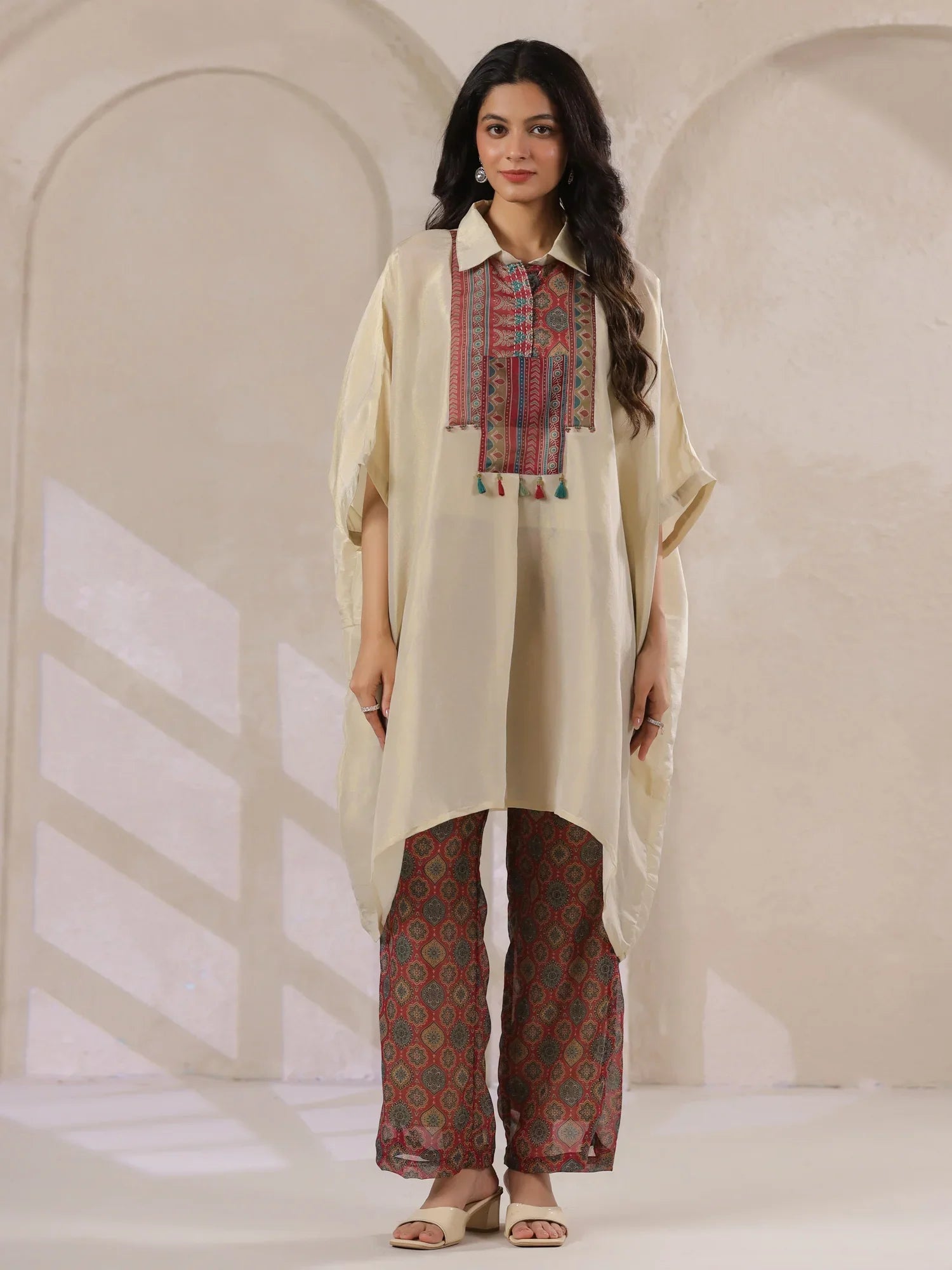 Cream Kaftan Co-Ord Set With Embroidered And Printed Pants