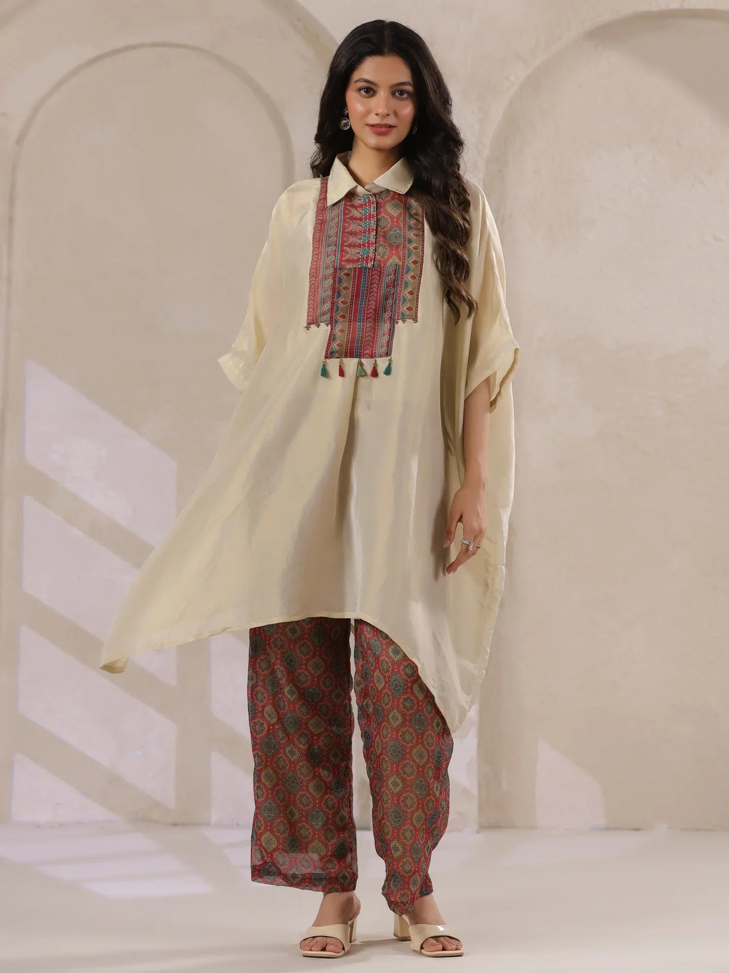 Cream Kaftan Co-Ord Set With Embroidered And Printed Pants