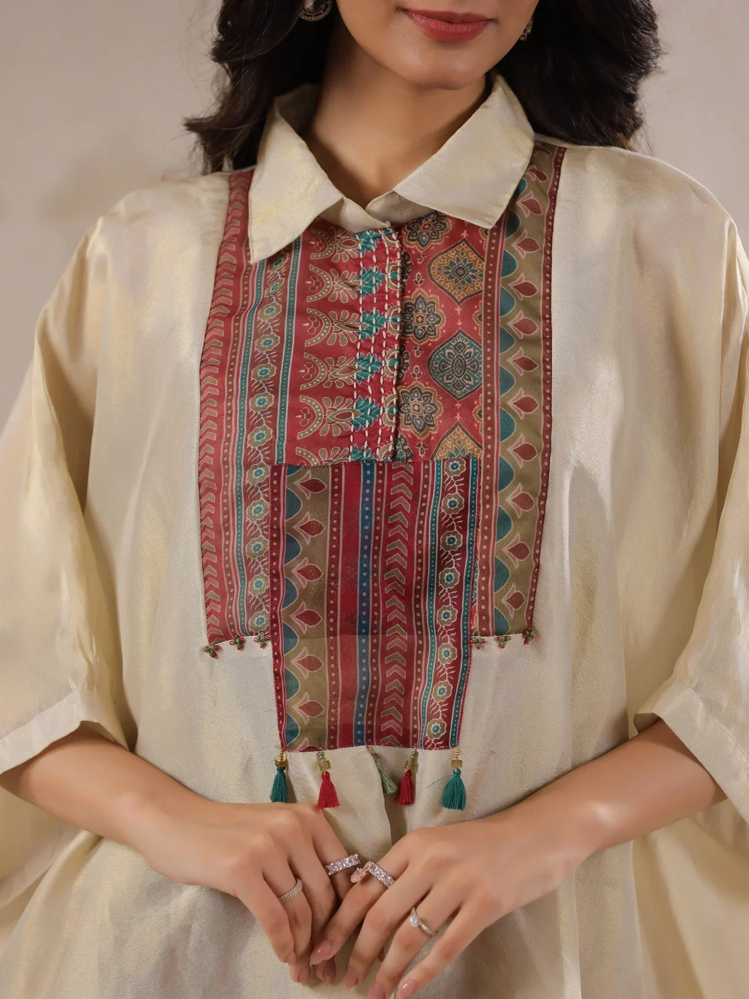 Cream Kaftan Co-Ord Set With Embroidered And Printed Pants