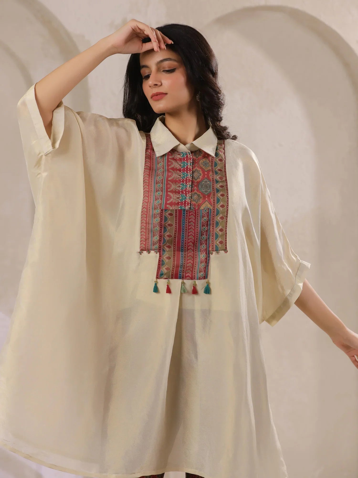 Cream Kaftan Co-Ord Set With Embroidered And Printed Pants