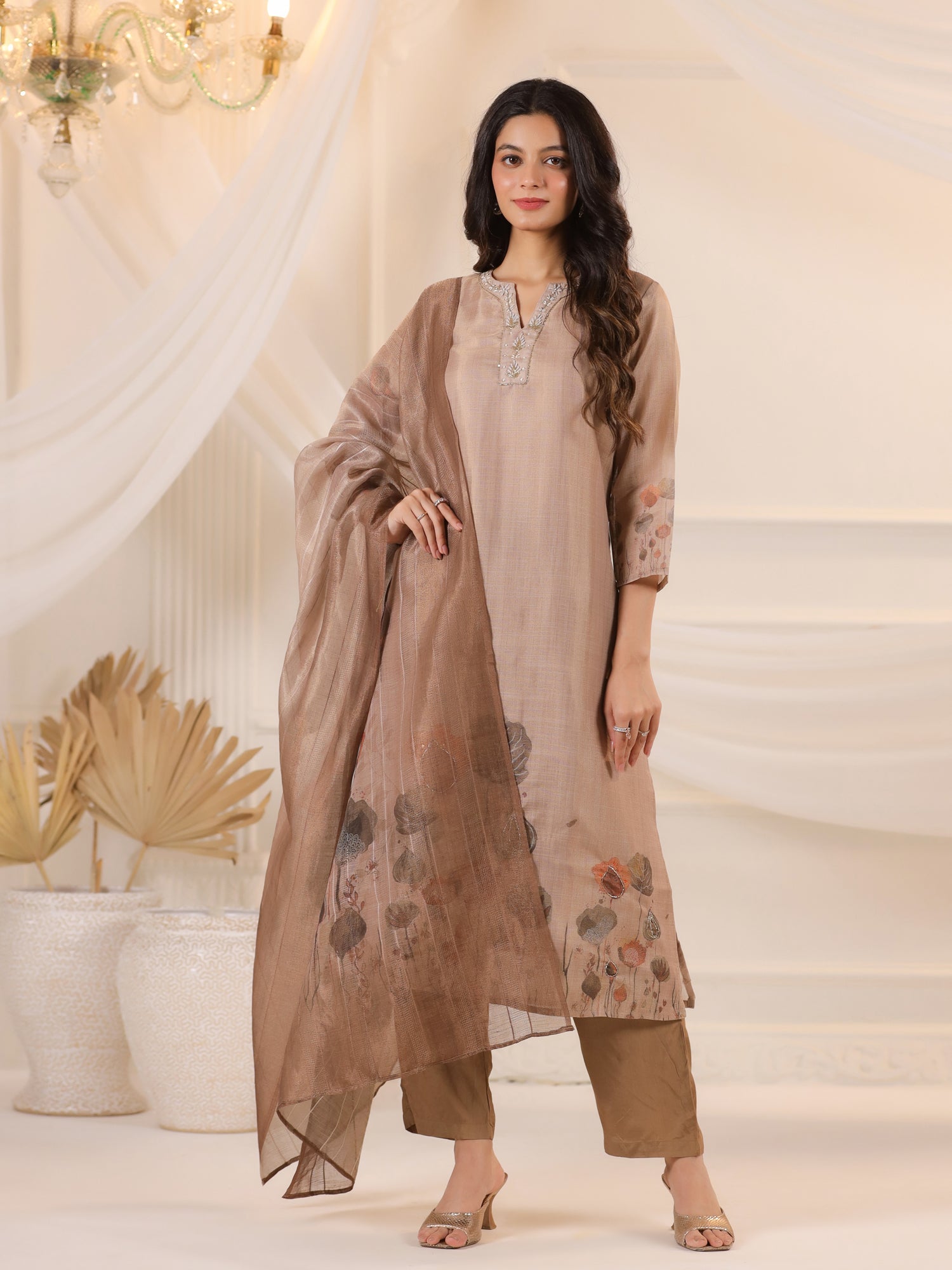 Brown Floral Printed Kurta Set With Dupatta for Women