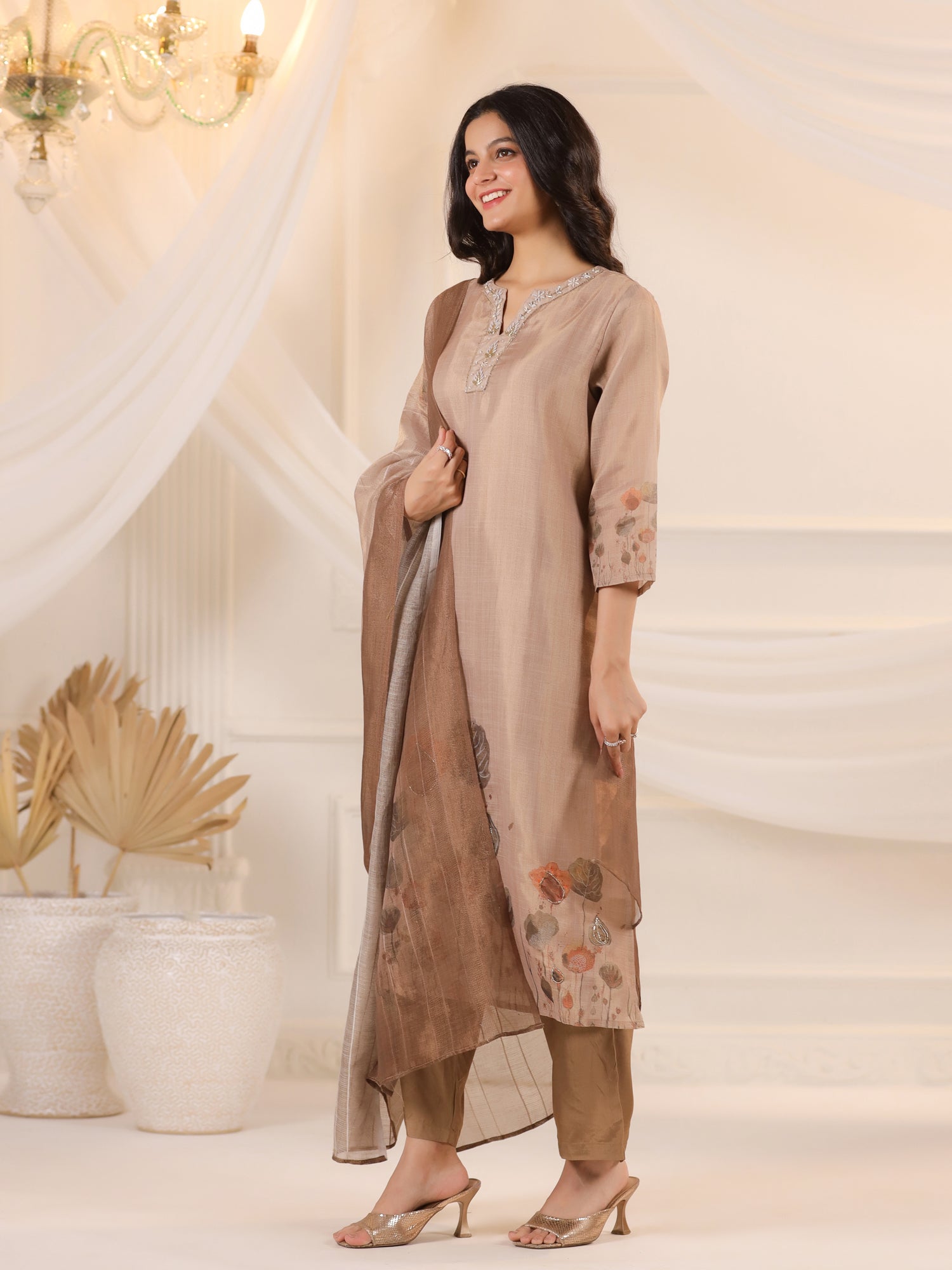 Brown Floral Printed Kurta Set With Dupatta for Women