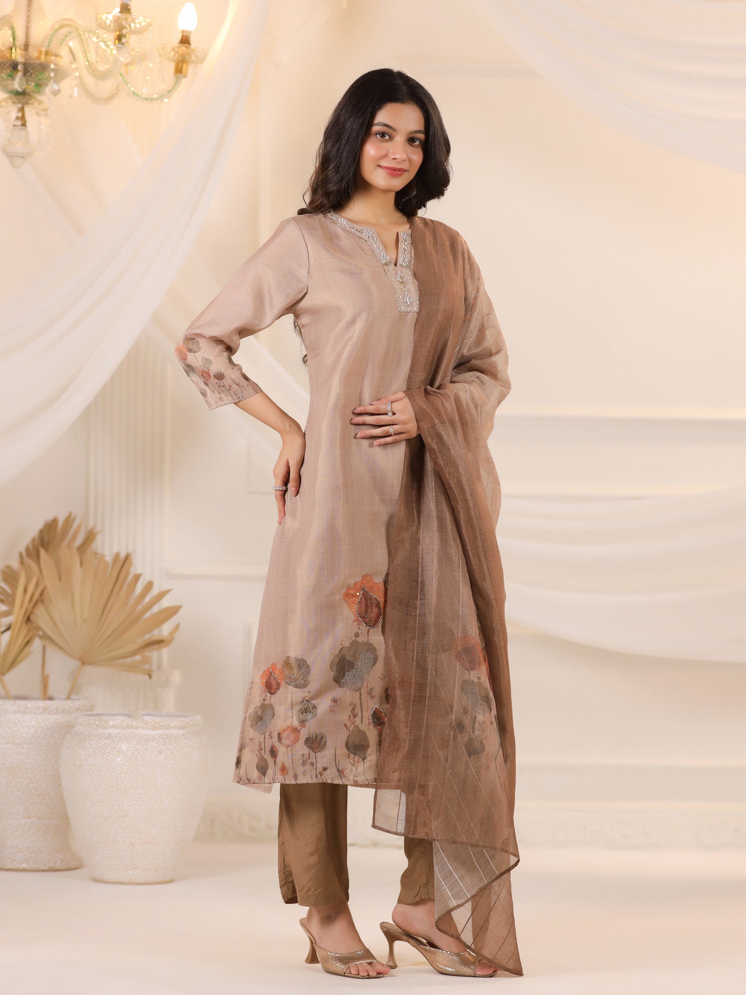 Brown Floral Printed Kurta Set With Dupatta for Women