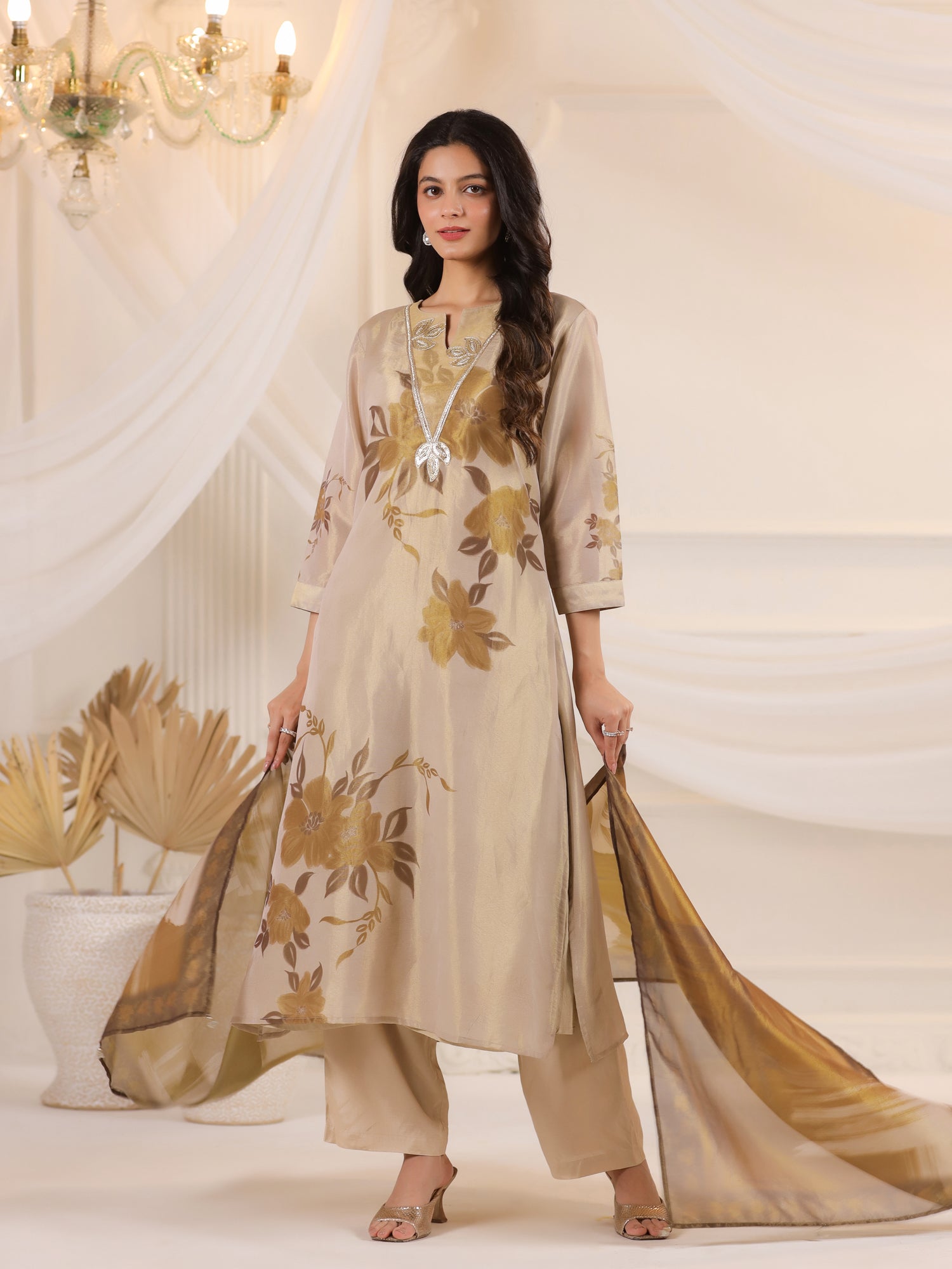 Cream V-Neck Floral Printed Tissue Kurta Set With Dupatta