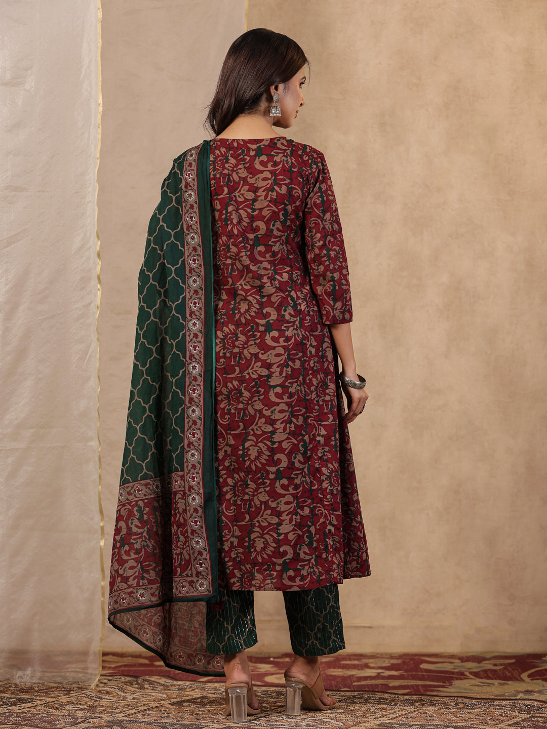 Rang Deep Red & Green  Print Cotton Set of Kurti With Pant & Dupatta