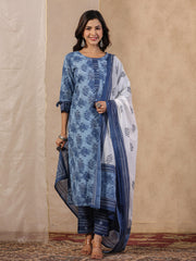 Rang Deep Blue  Print Cotton Set of Kurti With Plazzo & Dupatta