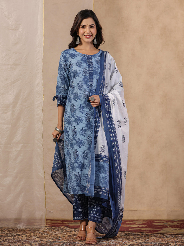 Rang Deep Blue  Print Cotton Set of Kurti With Plazzo & Dupatta