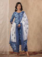 Rang Deep Blue  Print Cotton Set of Kurti With Plazzo & Dupatta