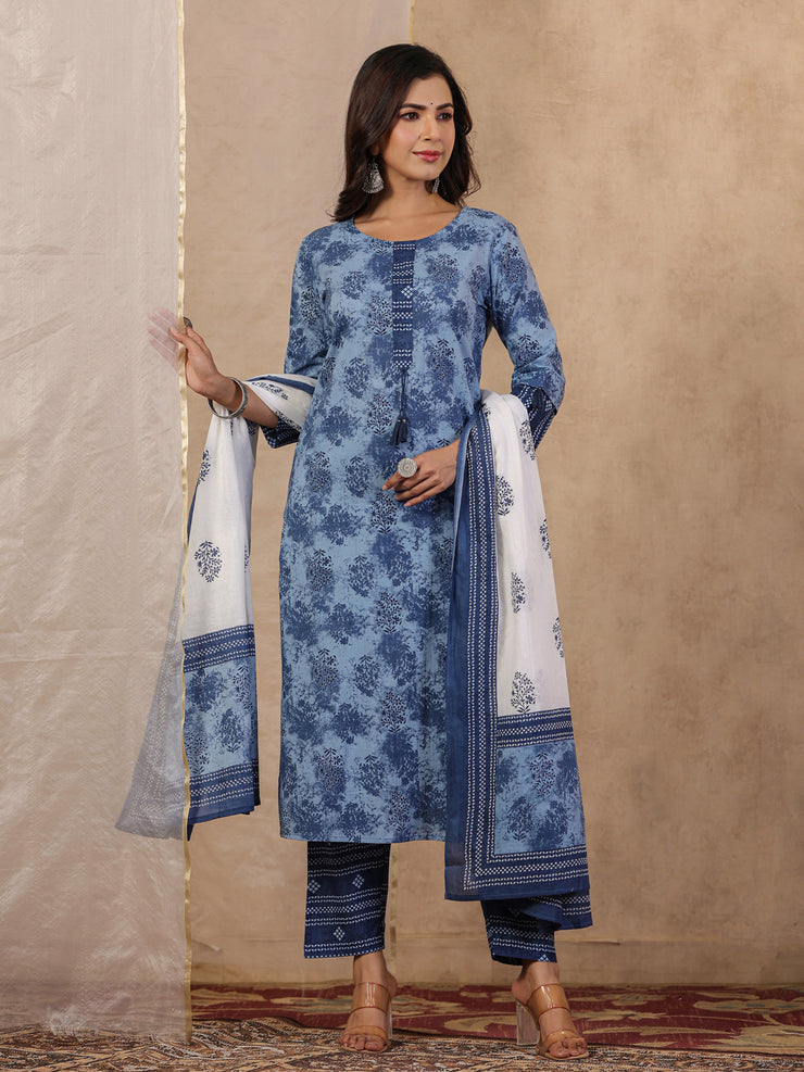 Rang Deep Blue  Print Cotton Set of Kurti With Plazzo & Dupatta