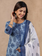 Rang Deep Blue  Print Cotton Set of Kurti With Plazzo & Dupatta