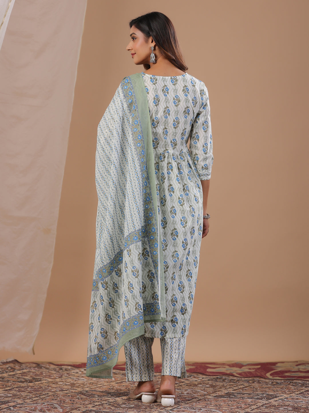 White Floral Printed Round Neck Kurta Set with Dupatta