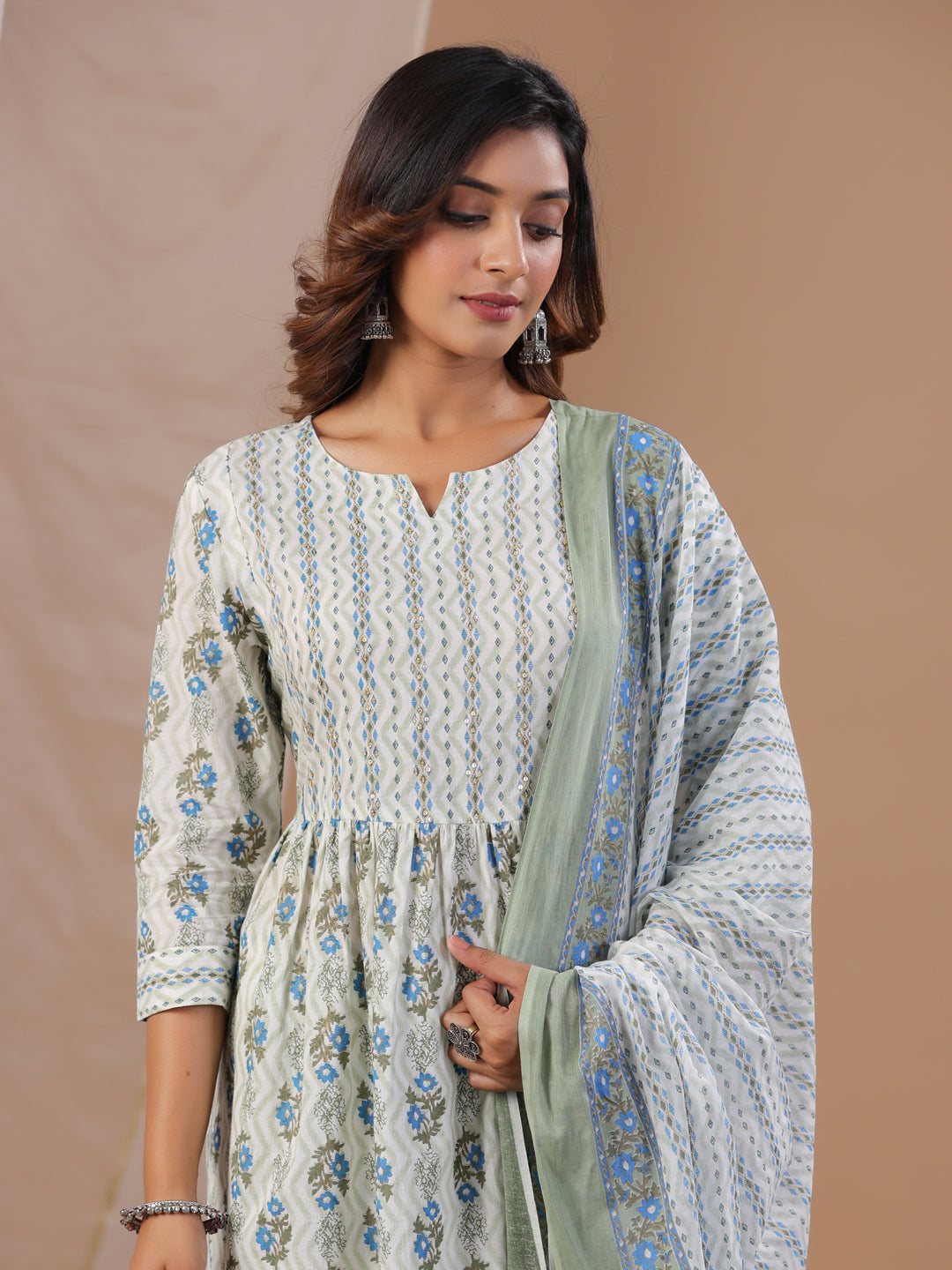 White Floral Printed Round Neck Kurta Set with Dupatta - SanskrutiHomes 
