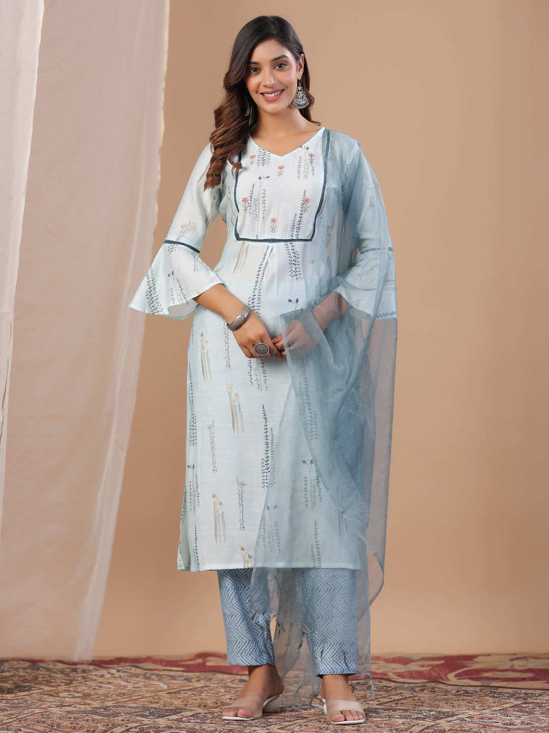 Sky Blue Muslin Women's Kurta Pajama Dupatta Set