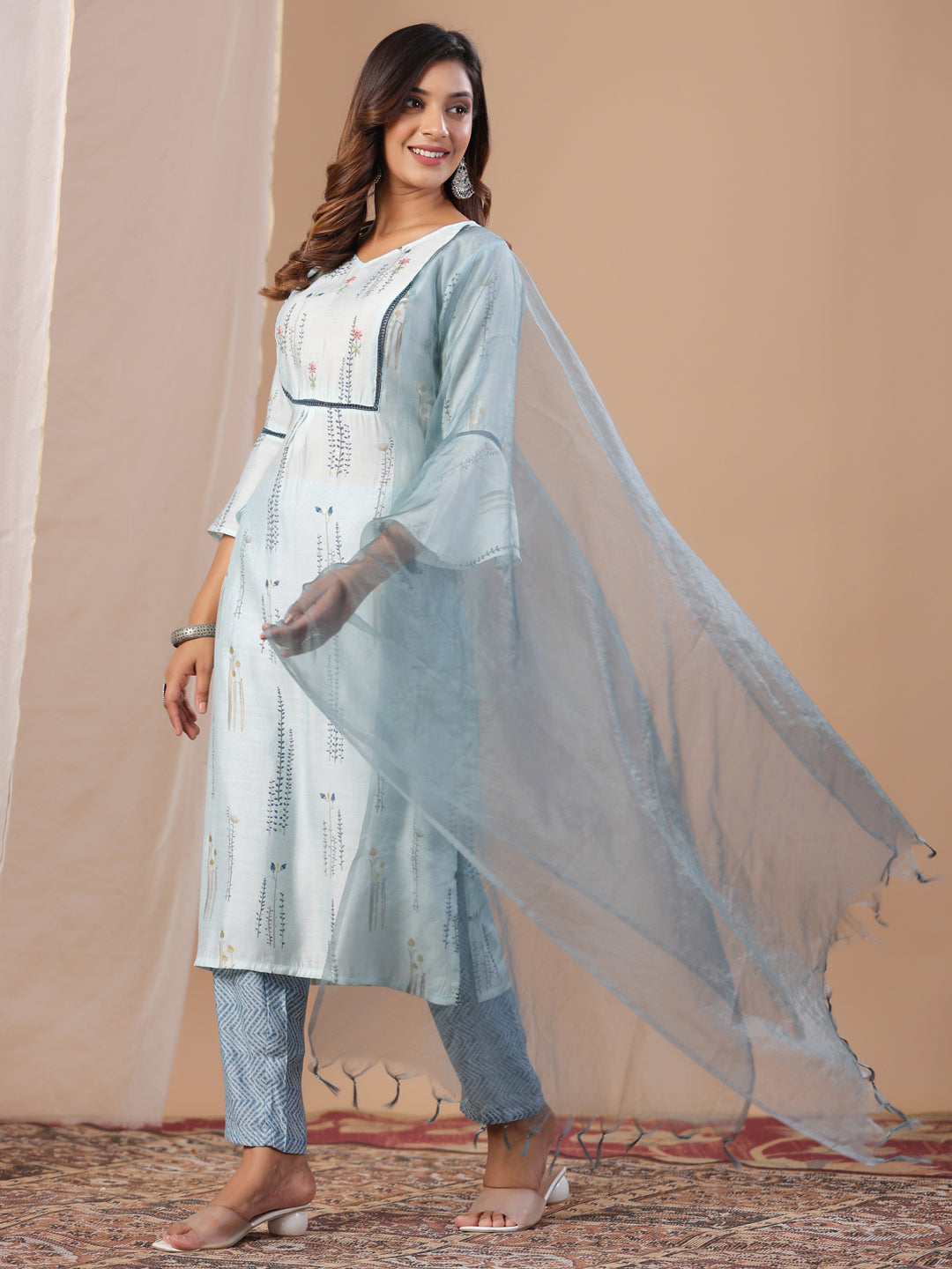 Sky Blue Muslin Women's Kurta Pajama Dupatta Set