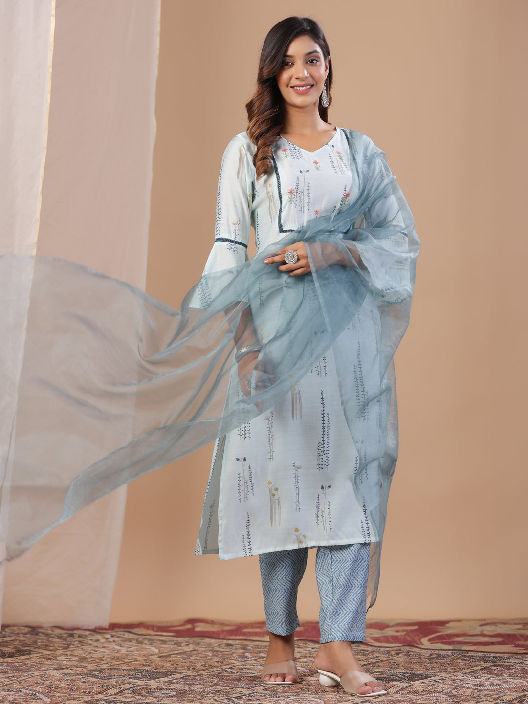 Sky Blue Muslin Women's Kurta Pajama Dupatta Set