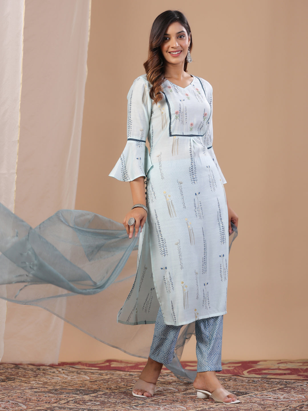 Sky Blue Muslin Women's Kurta Pajama Dupatta Set