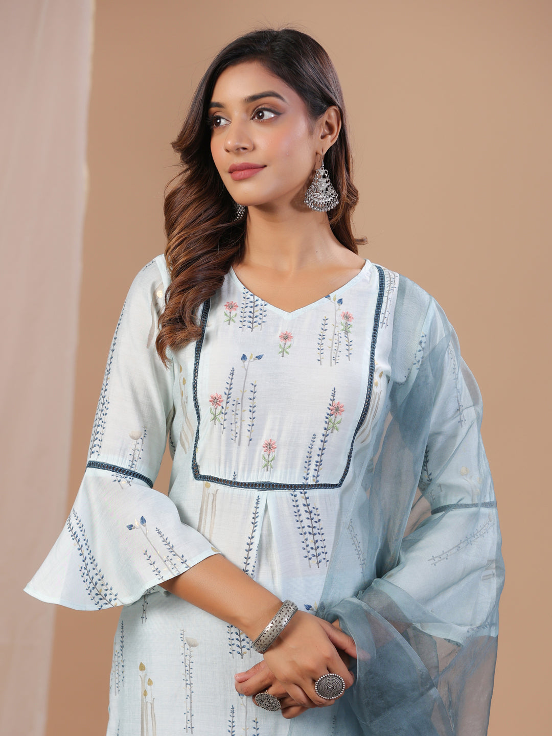 Sky Blue Muslin Women's Kurta Pajama Dupatta Set