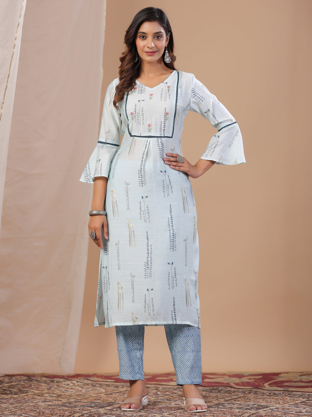 Sky Blue Muslin Women's Kurta Pajama Dupatta Set