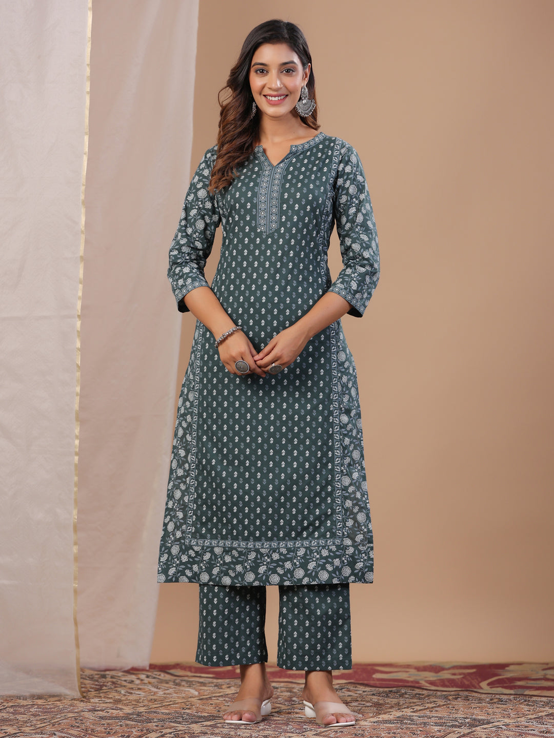 Green Color Pure Cotton Floral Printed Round Neck Kurta Set