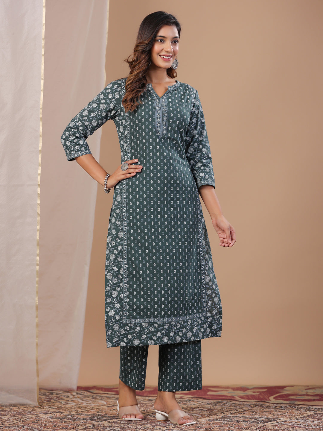 Green Color Pure Cotton Floral Printed Round Neck Kurta Set