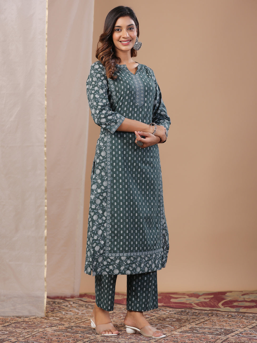 Green Color Pure Cotton Floral Printed Round Neck Kurta Set