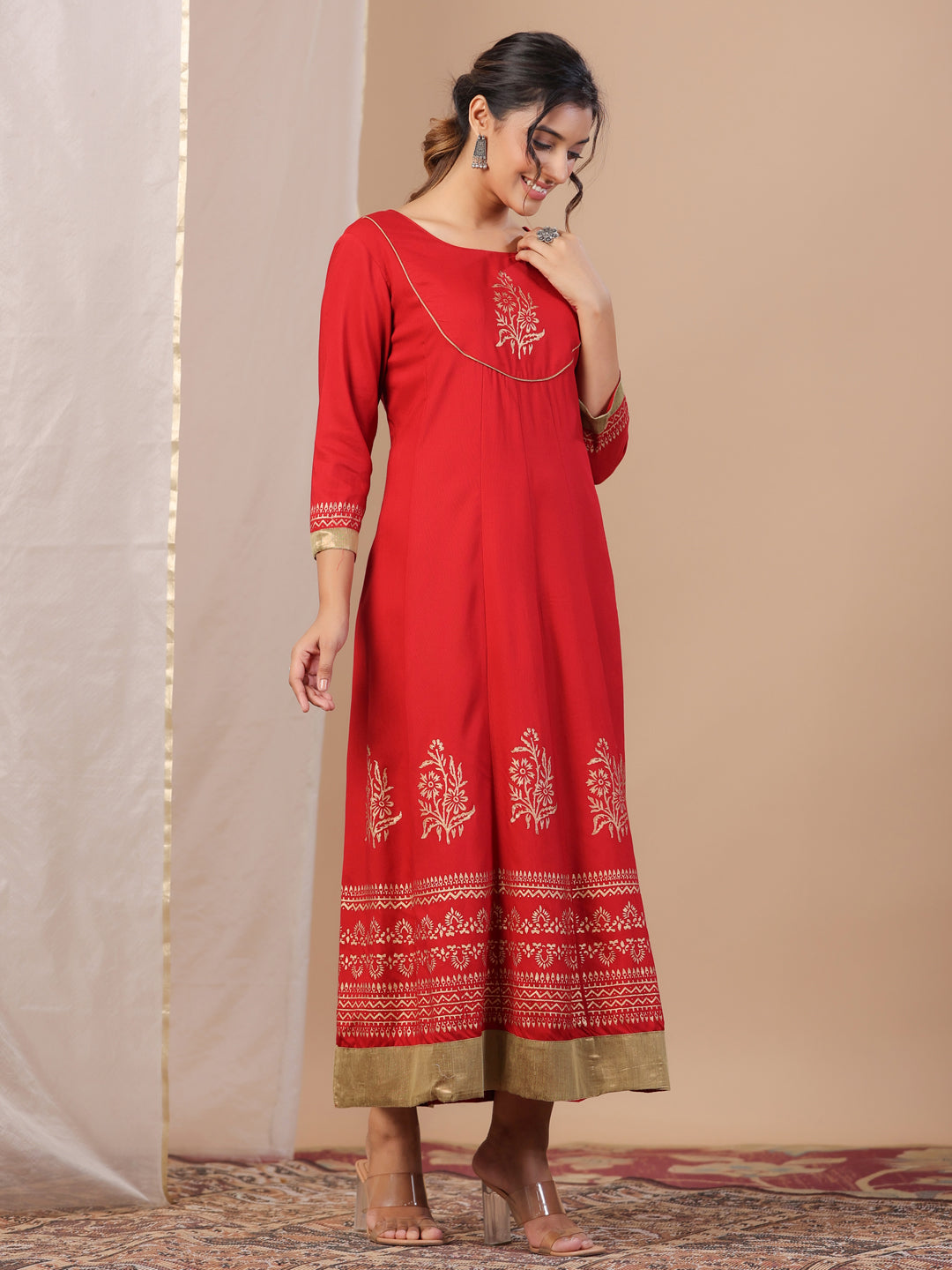 Red Floral Printed Kurta For Women