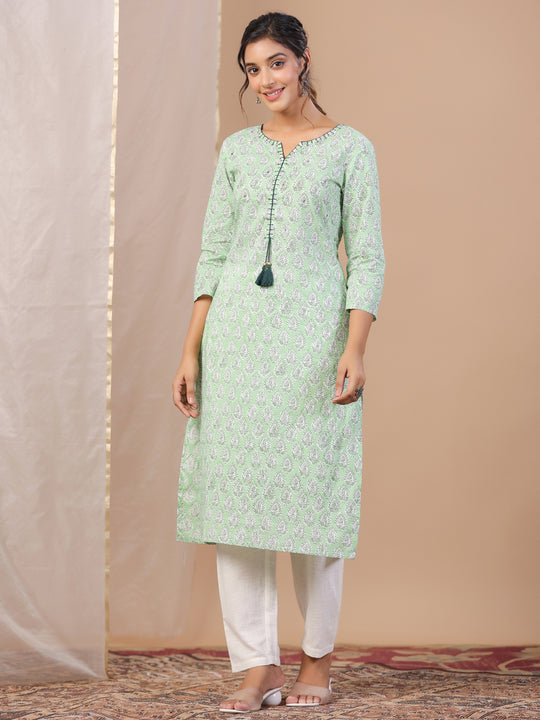 Green Printed Cotton Boat neck Kurta for Women