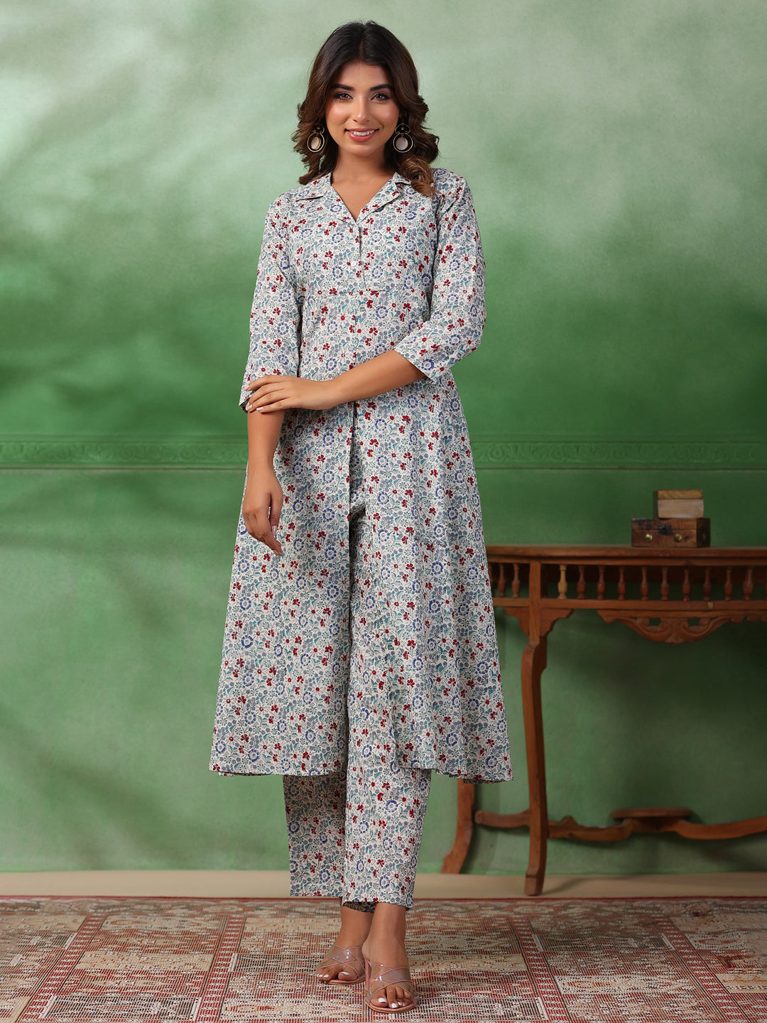 Red Flower Printed Kurta Set for Women - SanskrutiHomes 