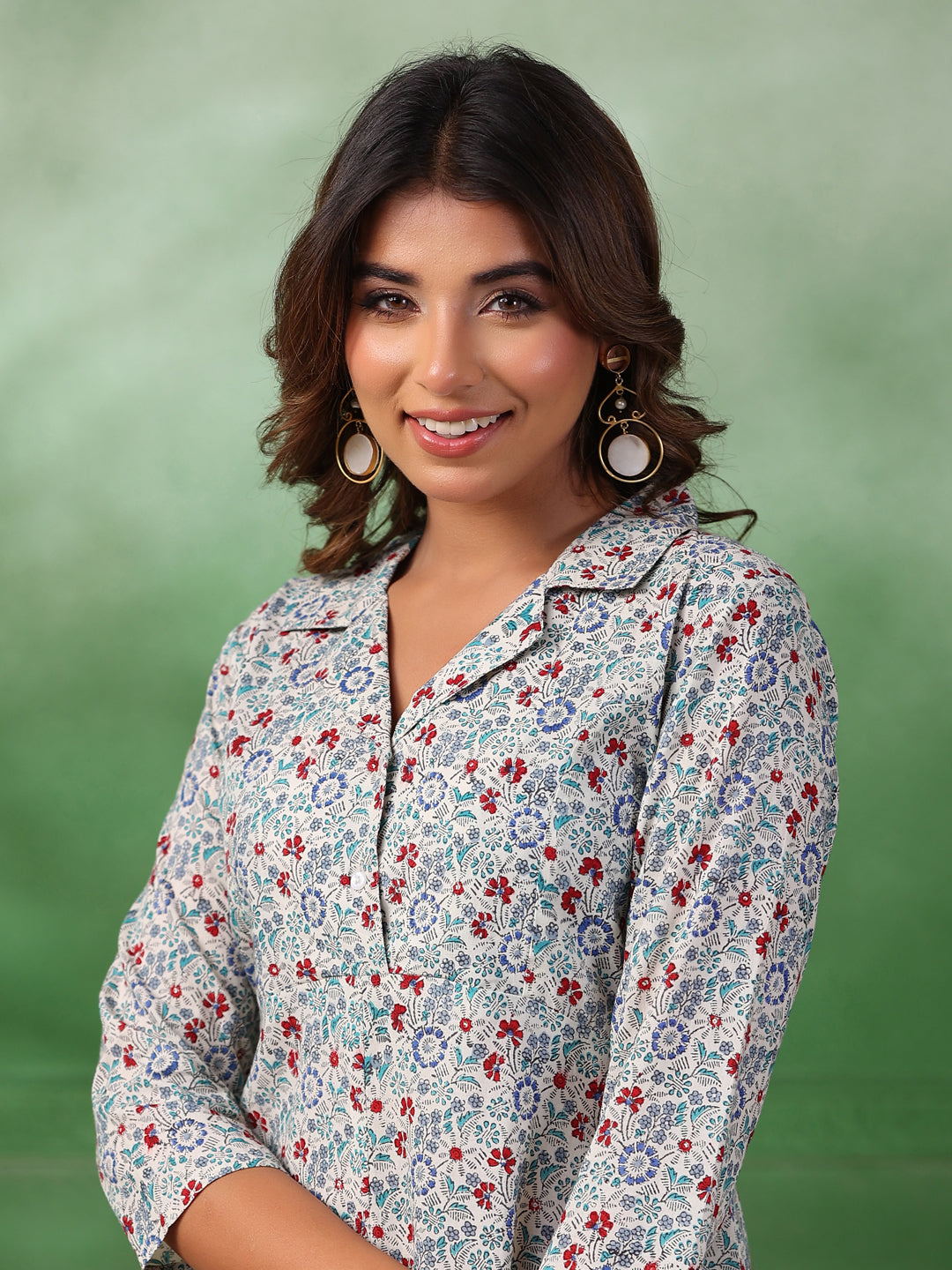 Red Flower Printed Kurta Set for Women - SanskrutiHomes 