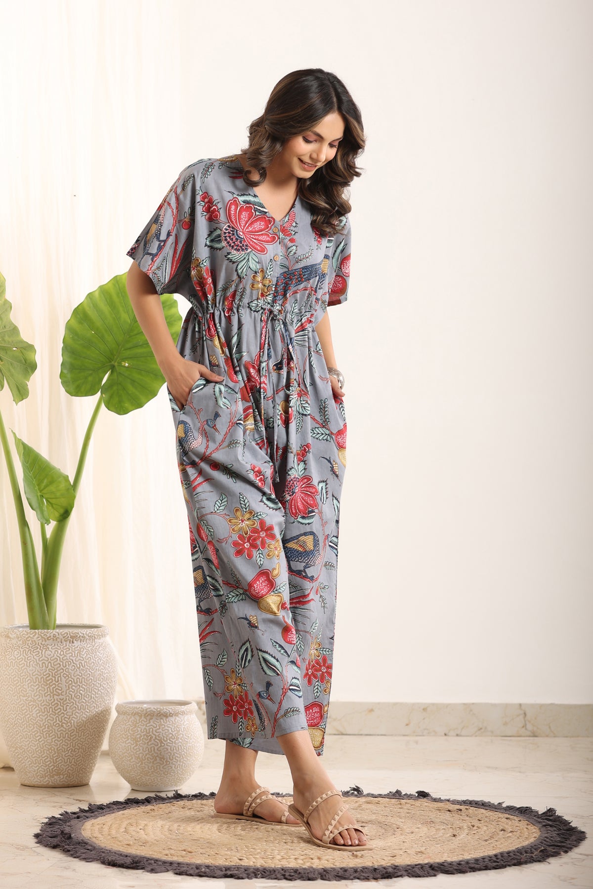 Grey & Red Printed Basic Jumpsuit