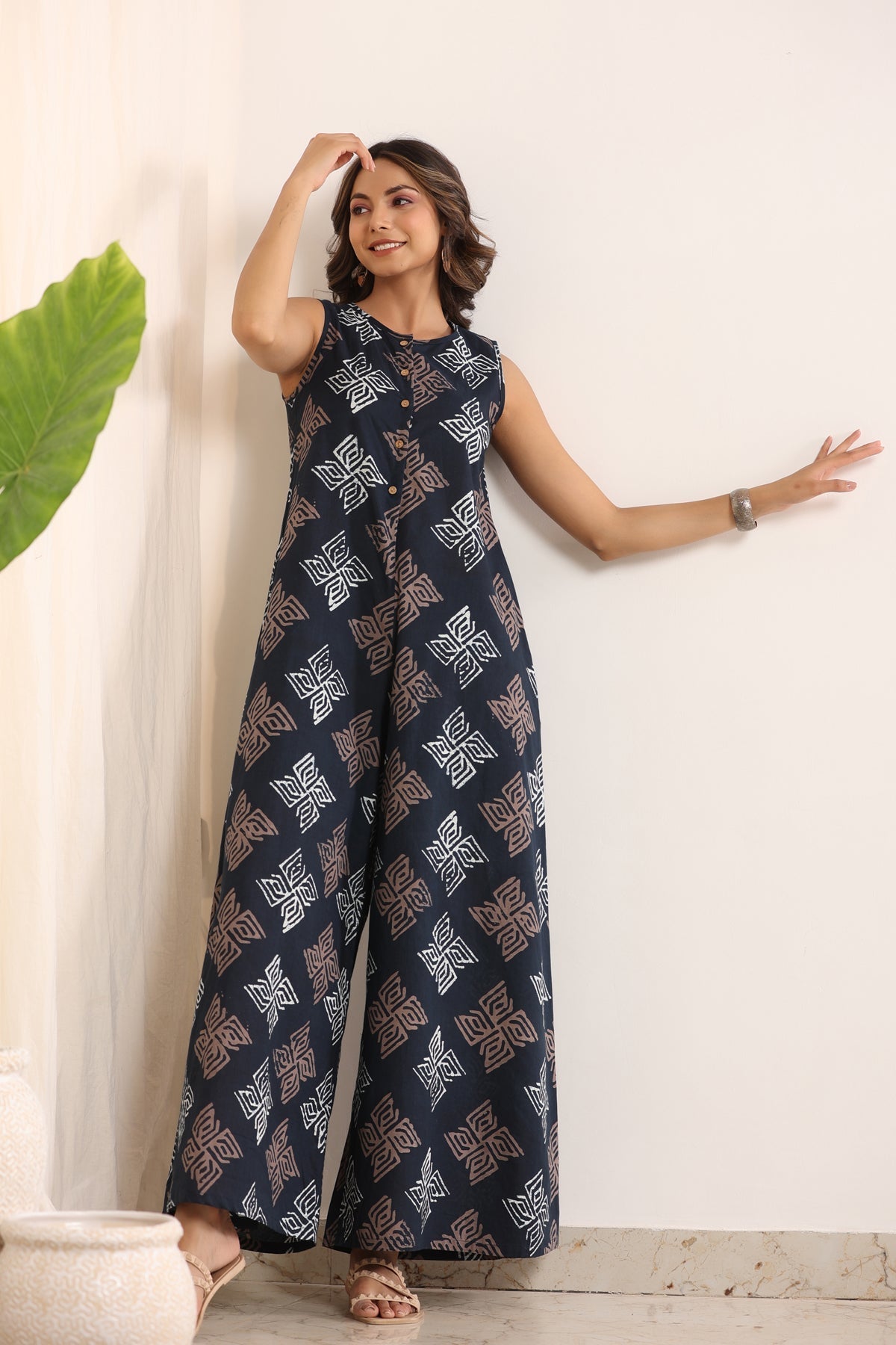 Black Round Neck Ethnic Motifs Cotton Jumsuit For Women