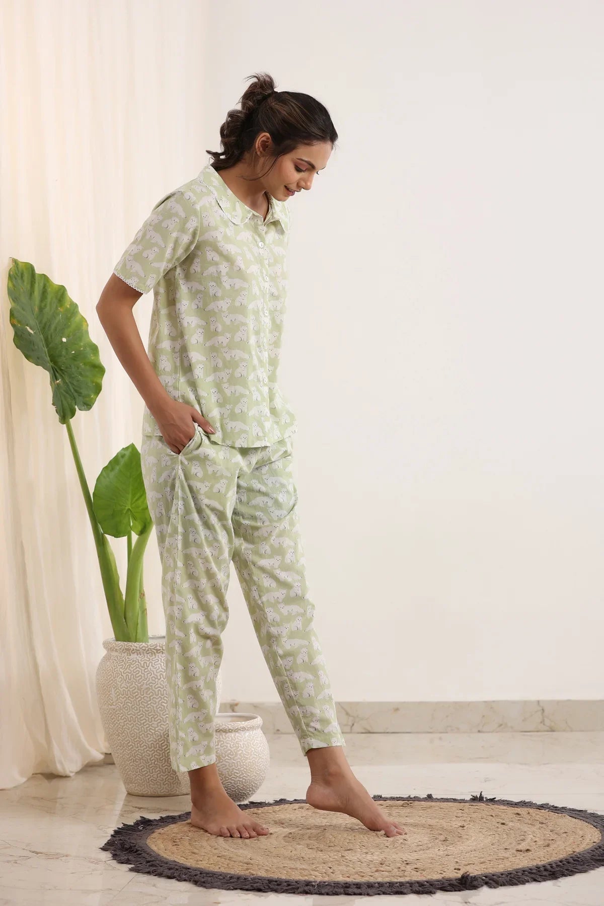 Light Green Printed peter pan collared Night suit set - SanskrutiHomes 